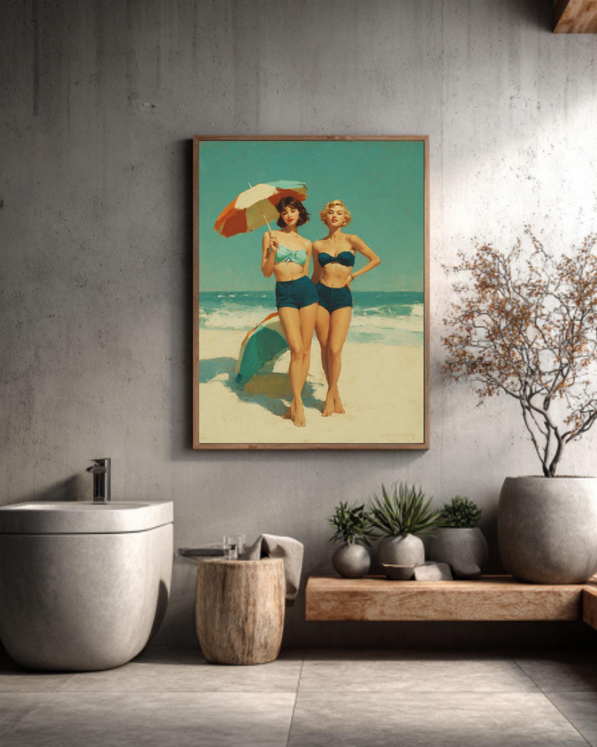 Vintage Beach Scene Wall Art – Retro Women with Umbrellas Coastal Canvas Print