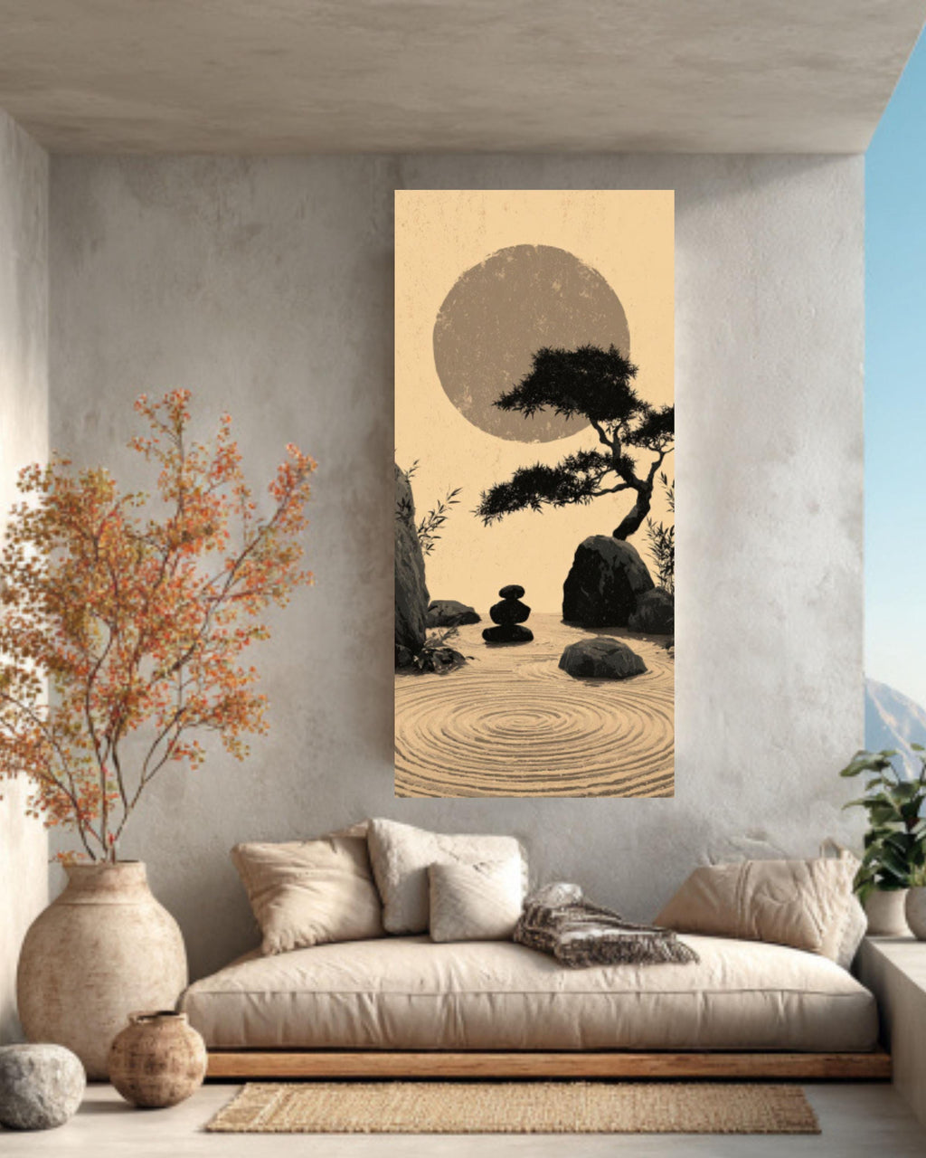 Zen Garden Wall Art – Japanese Ink Wash Bamboo & Moon Canvas Print