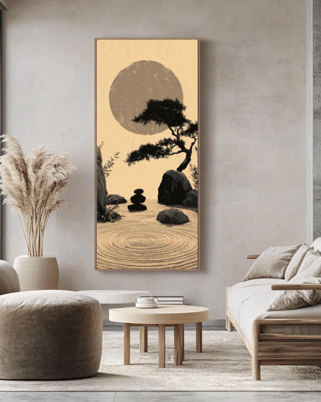 Zen Garden Wall Art – Japanese Ink Wash Bamboo & Moon Canvas Print