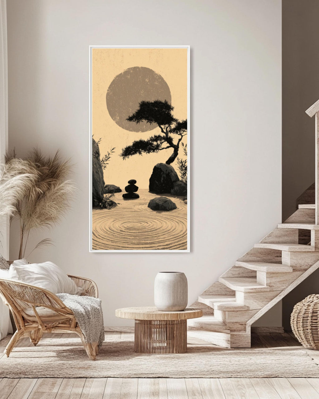 Zen Garden Wall Art – Japanese Ink Wash Bamboo & Moon Canvas Print