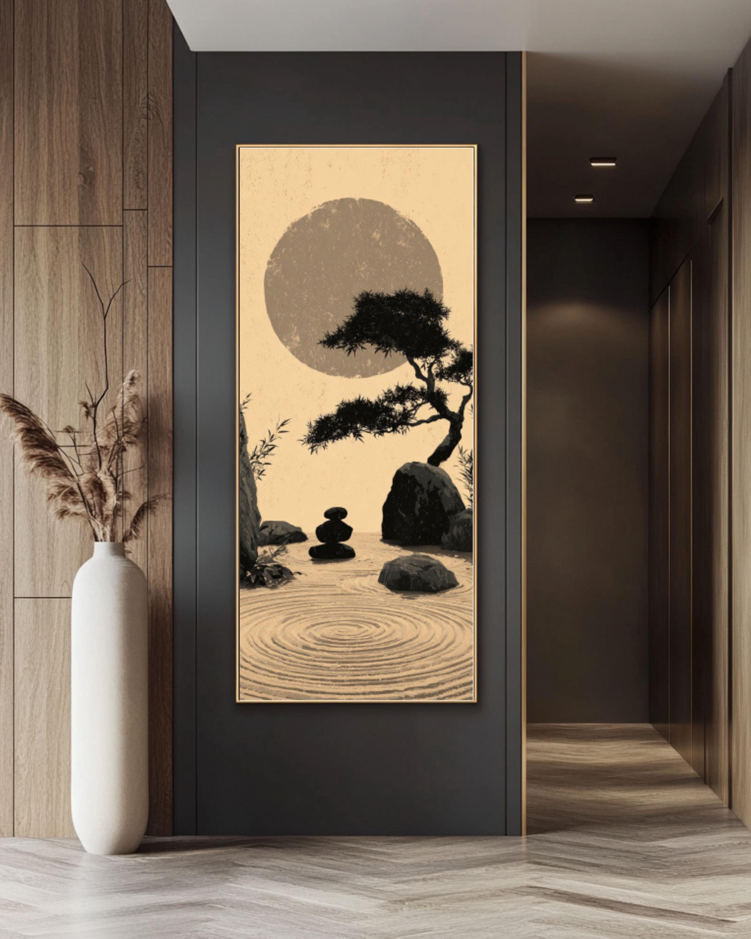 Zen Garden Wall Art – Japanese Ink Wash Bamboo & Moon Canvas Print