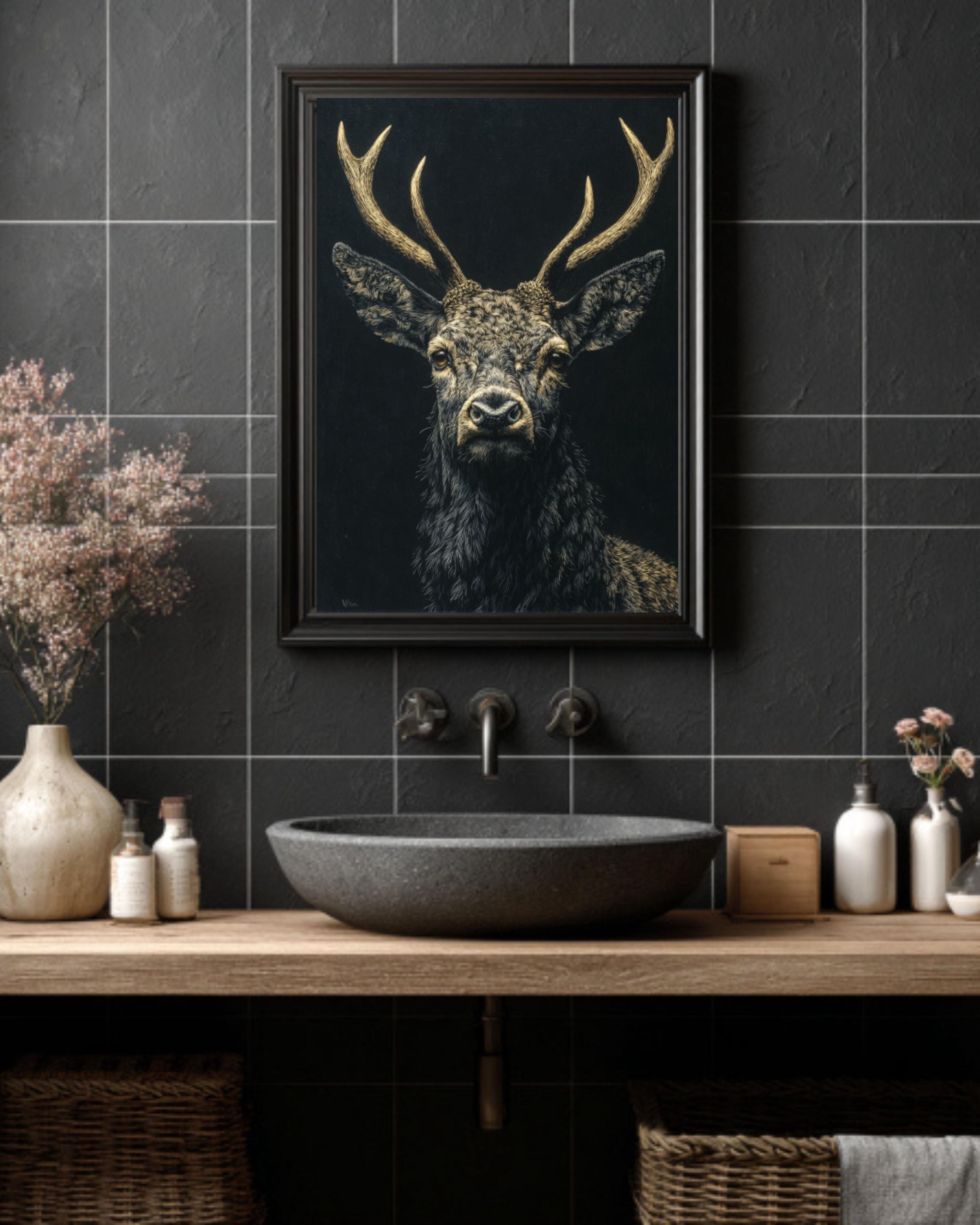 Gothic Stag Portrait Wall Art – White Gold Dark Academia Canvas Print