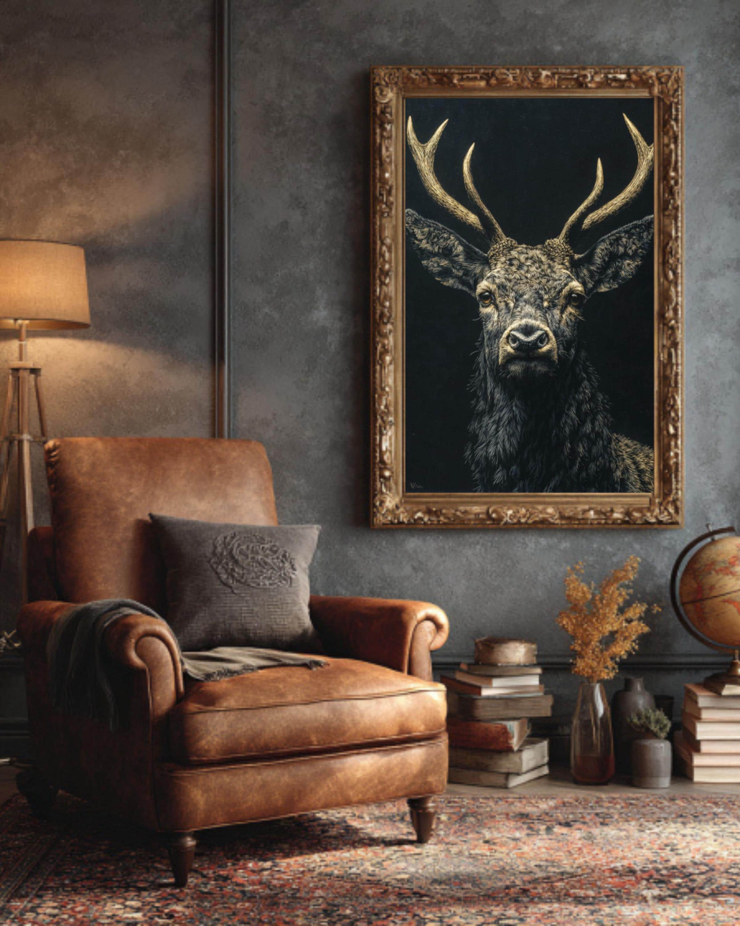 Gothic Stag Portrait Wall Art – White Gold Dark Academia Canvas Print