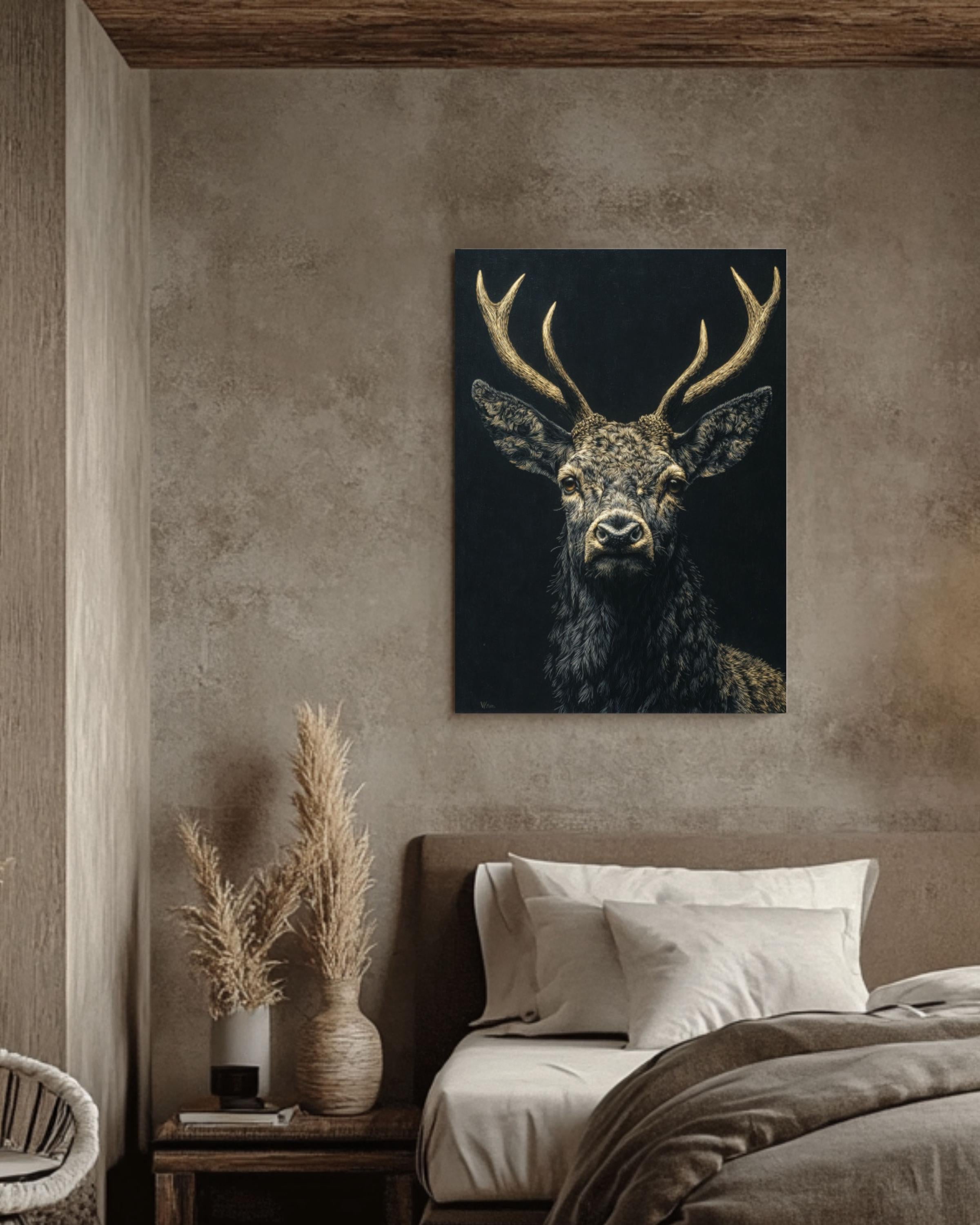 Gothic Stag Portrait Wall Art – White Gold Dark Academia Canvas Print
