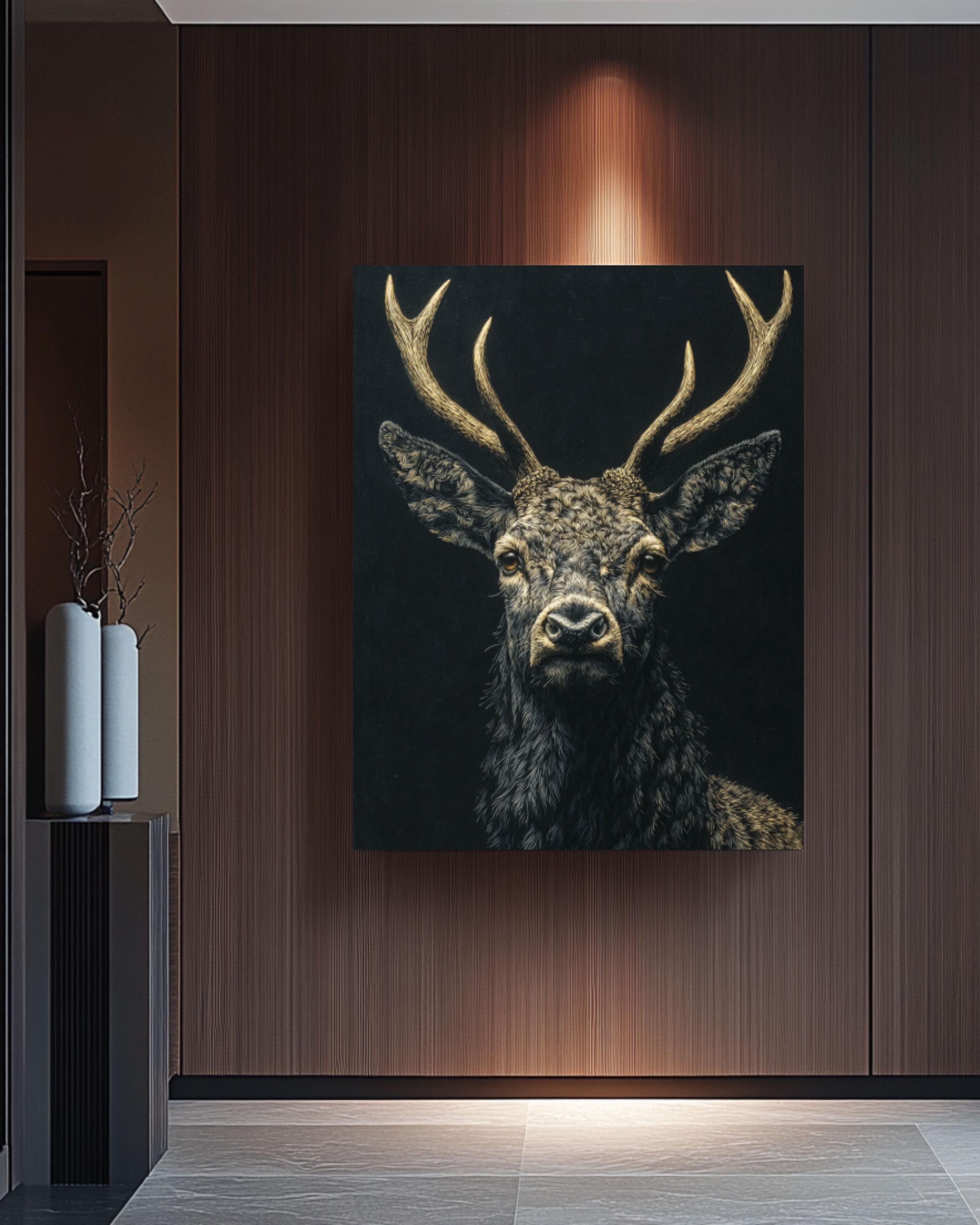 Gothic Stag Portrait Wall Art – White Gold Dark Academia Canvas Print