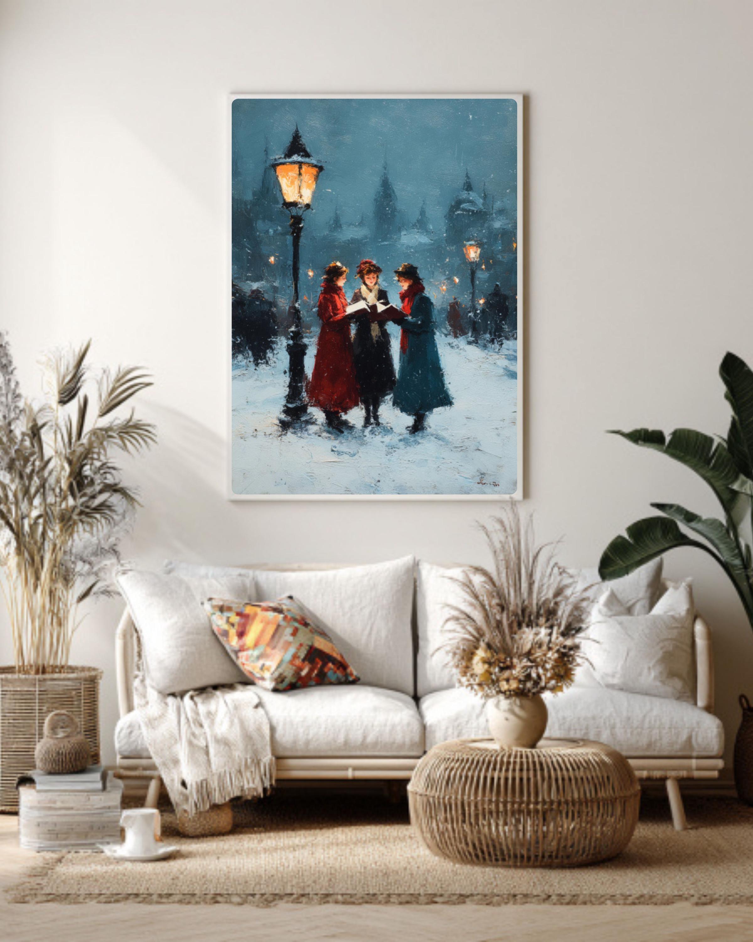 Victorian Christmas Carolers Art Print â€“ Vintage Winter Night Scene Canvas Wall Art – Modern Decor Print