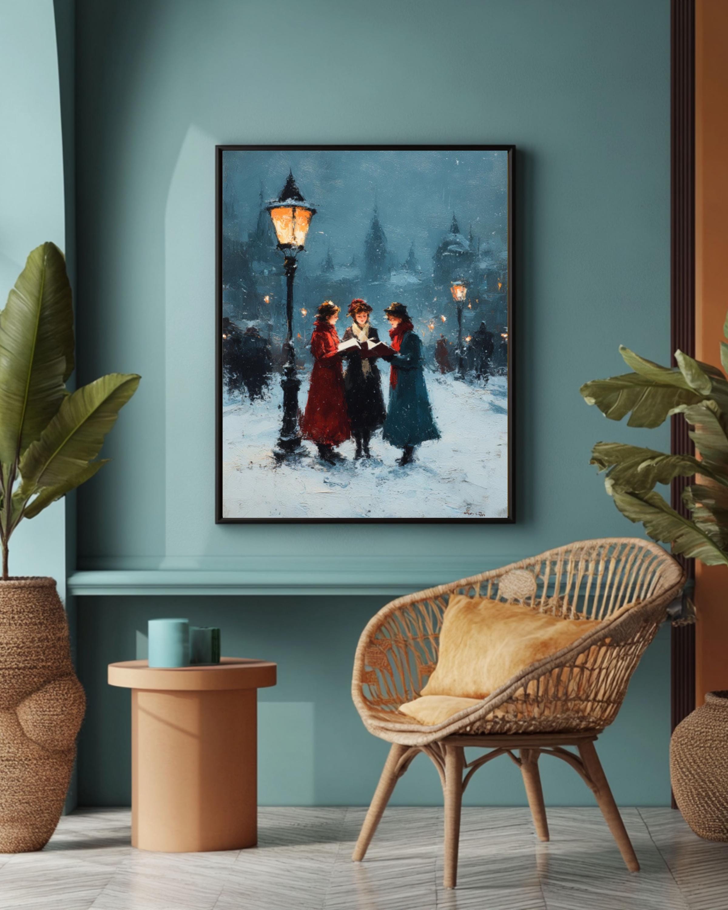 Victorian Christmas Carolers Art Print â€“ Vintage Winter Night Scene Canvas Wall Art – Modern Decor Print