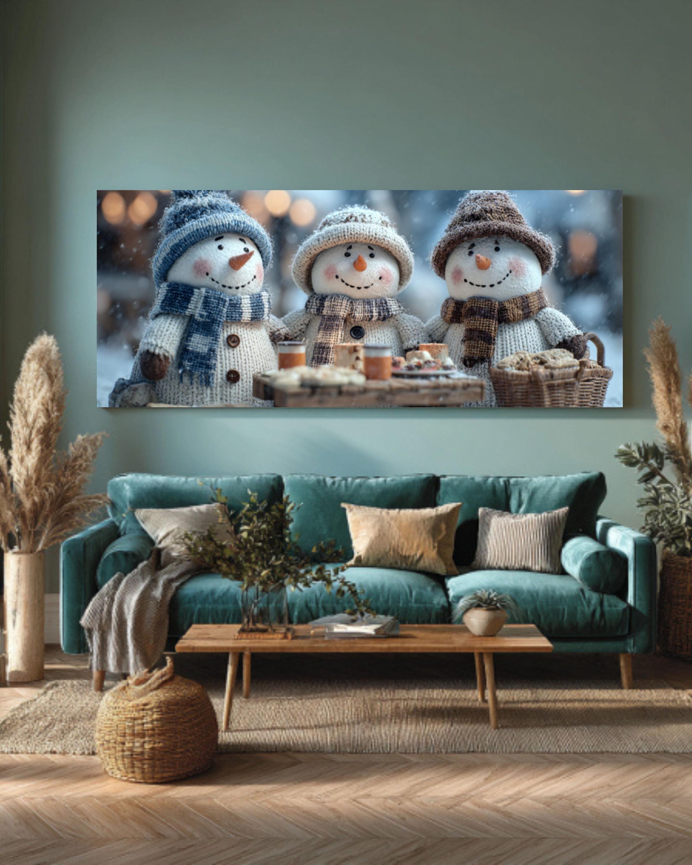 Snowman Picnic Canvas Print | Winter Holiday Wall Decor