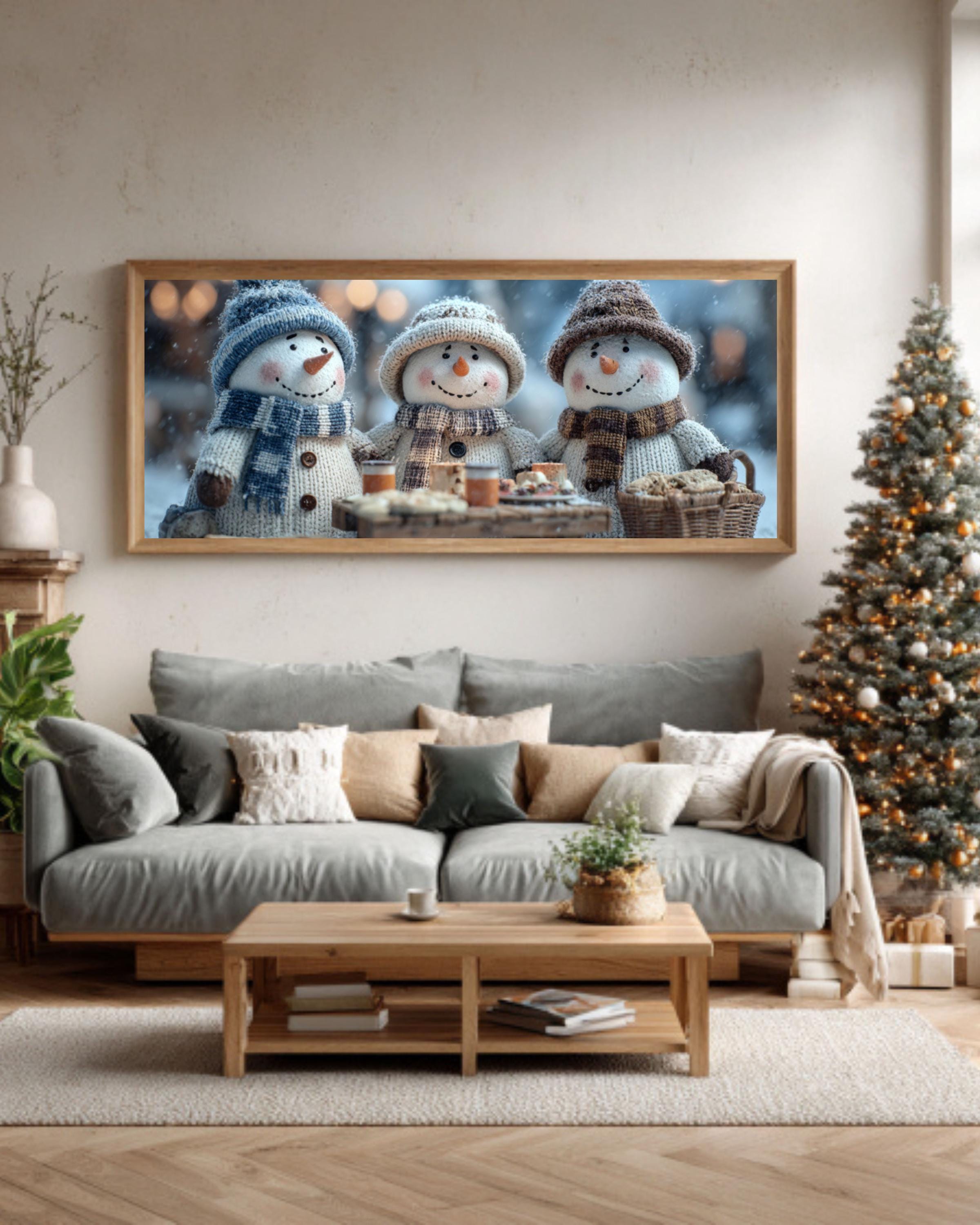 Snowman Picnic Canvas Print | Winter Holiday Wall Decor