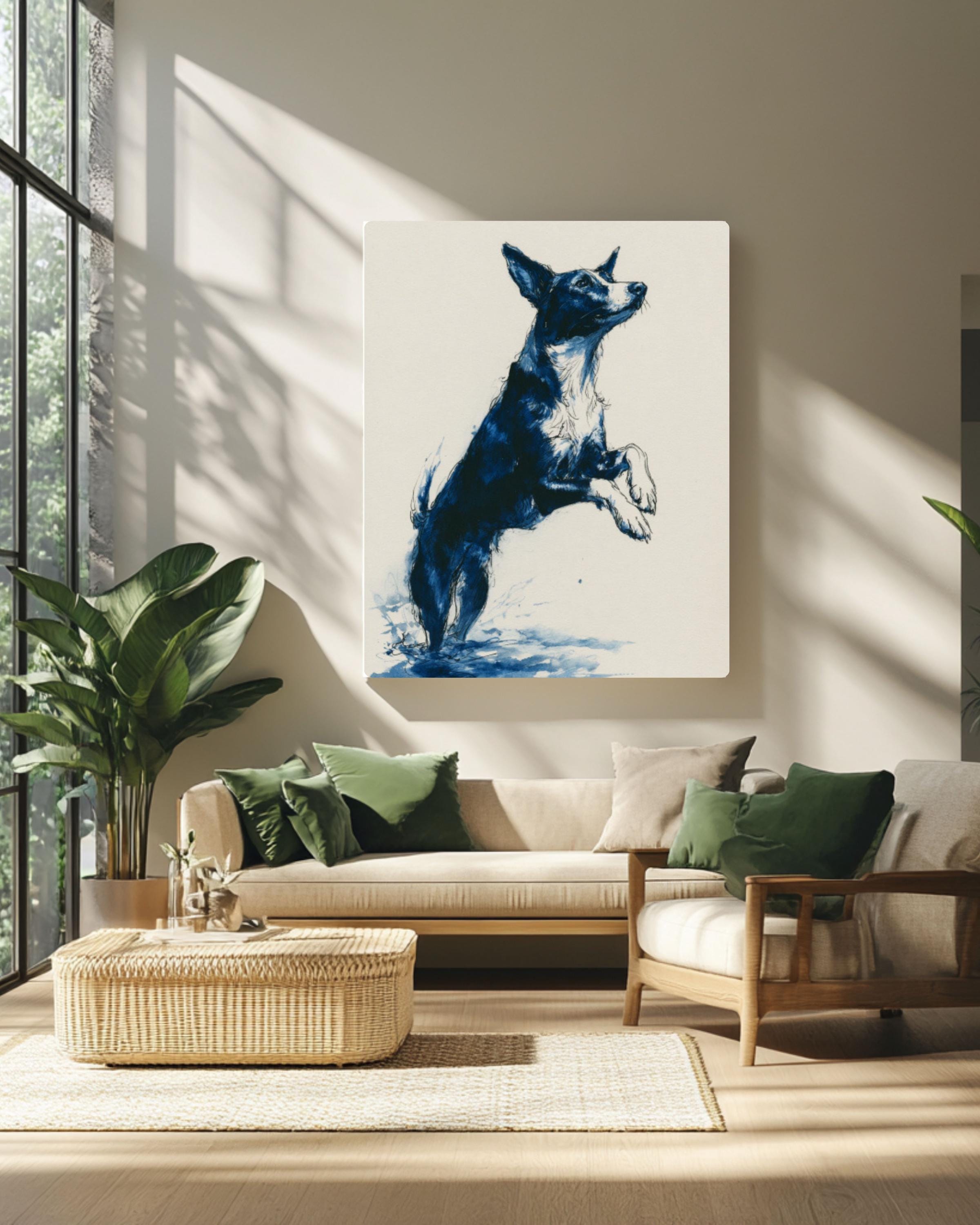 Dog Dock Jump Art | Minimalist Black Ink Drawing, Navy Accents