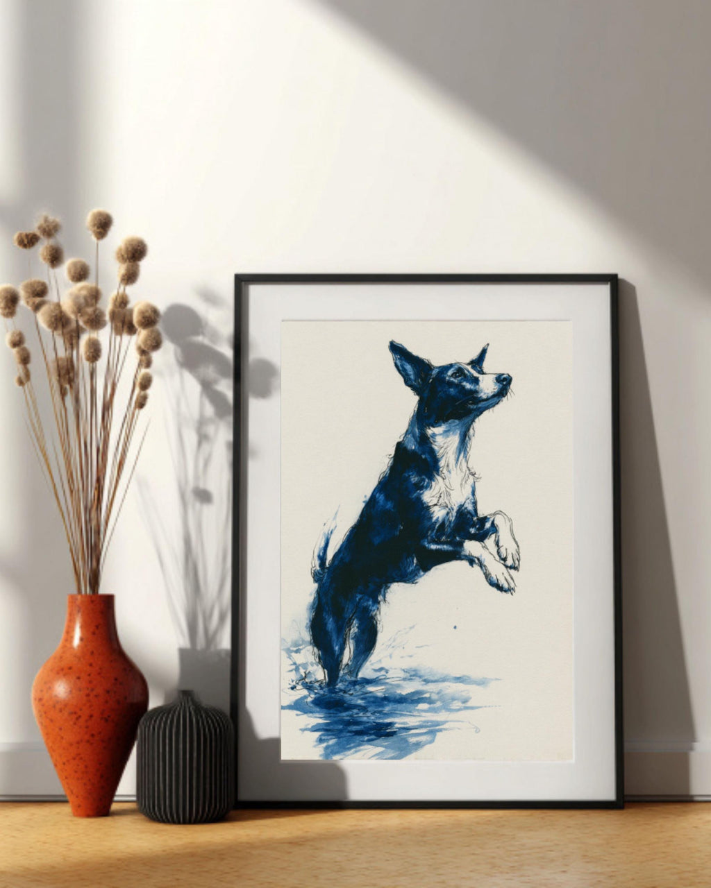 Dog Dock Jump Art | Minimalist Black Ink Drawing, Navy Accents