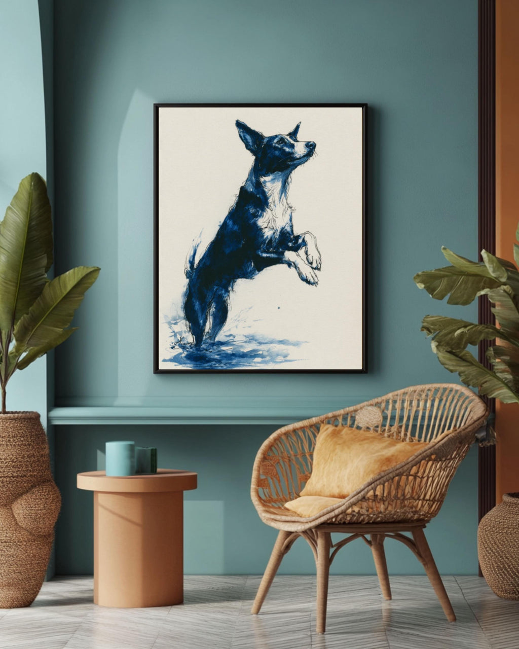 Dog Dock Jump Art | Minimalist Black Ink Drawing, Navy Accents