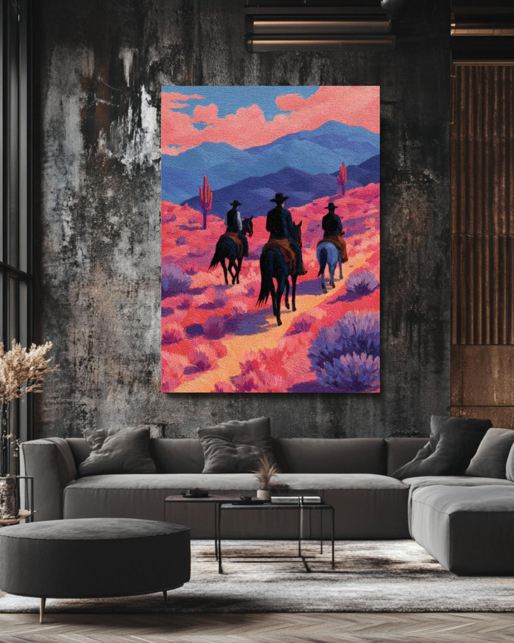 Cowboy Desert Canvas Print â€“ Black Horses, Pink Landscape, Modern Western Art Canvas Wall Art – Modern Decor Print