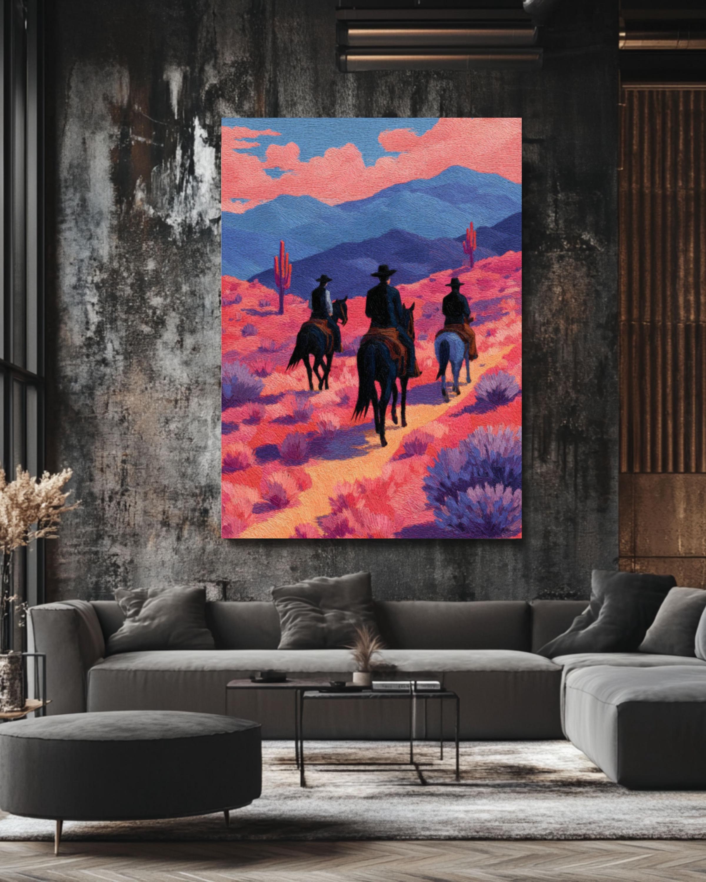 Cowboy Desert Canvas Print â€“ Black Horses, Pink Landscape, Modern Western Art Canvas Wall Art – Modern Decor Print