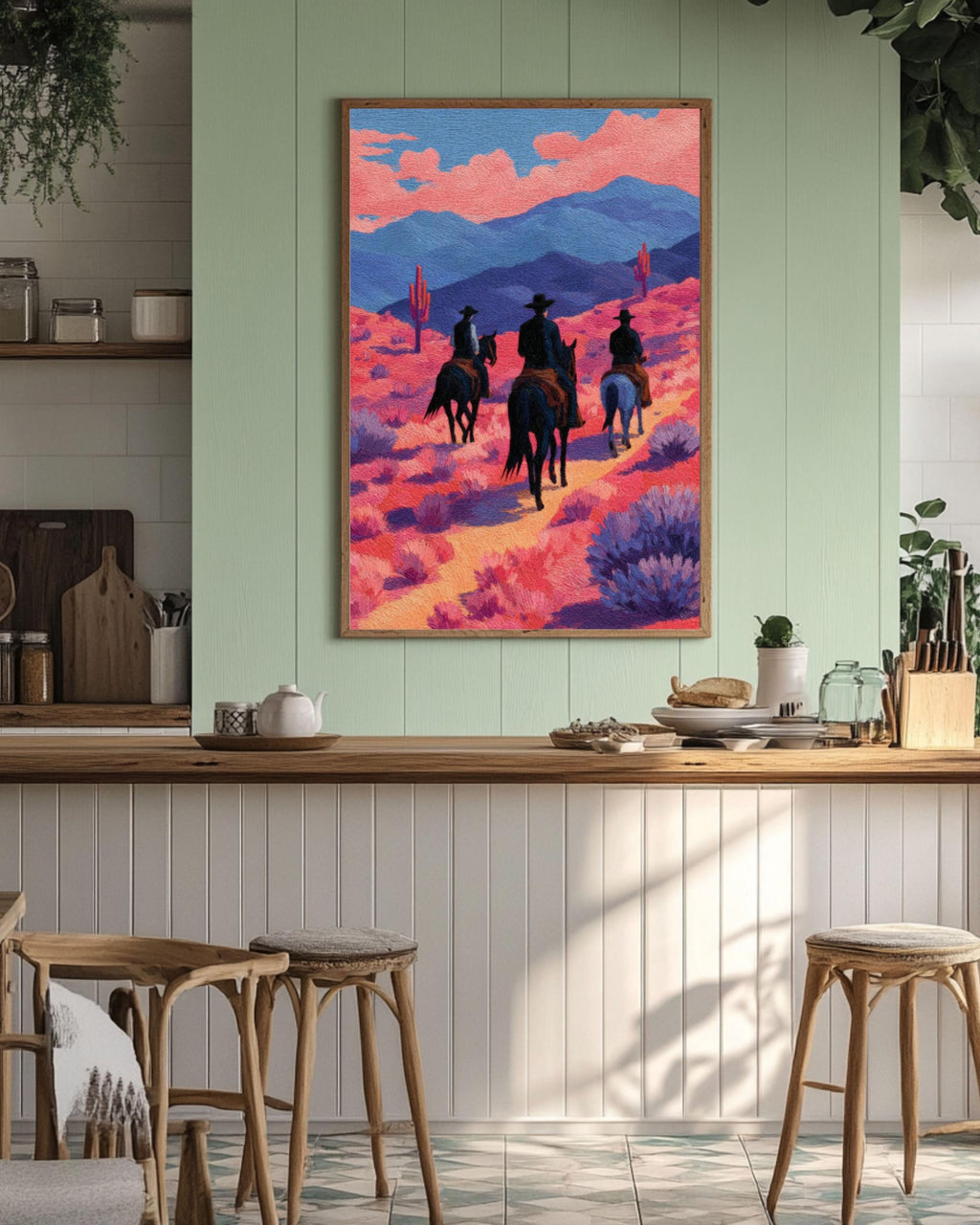 Cowboy Desert Canvas Print â€“ Black Horses, Pink Landscape, Modern Western Art Canvas Wall Art – Modern Decor Print