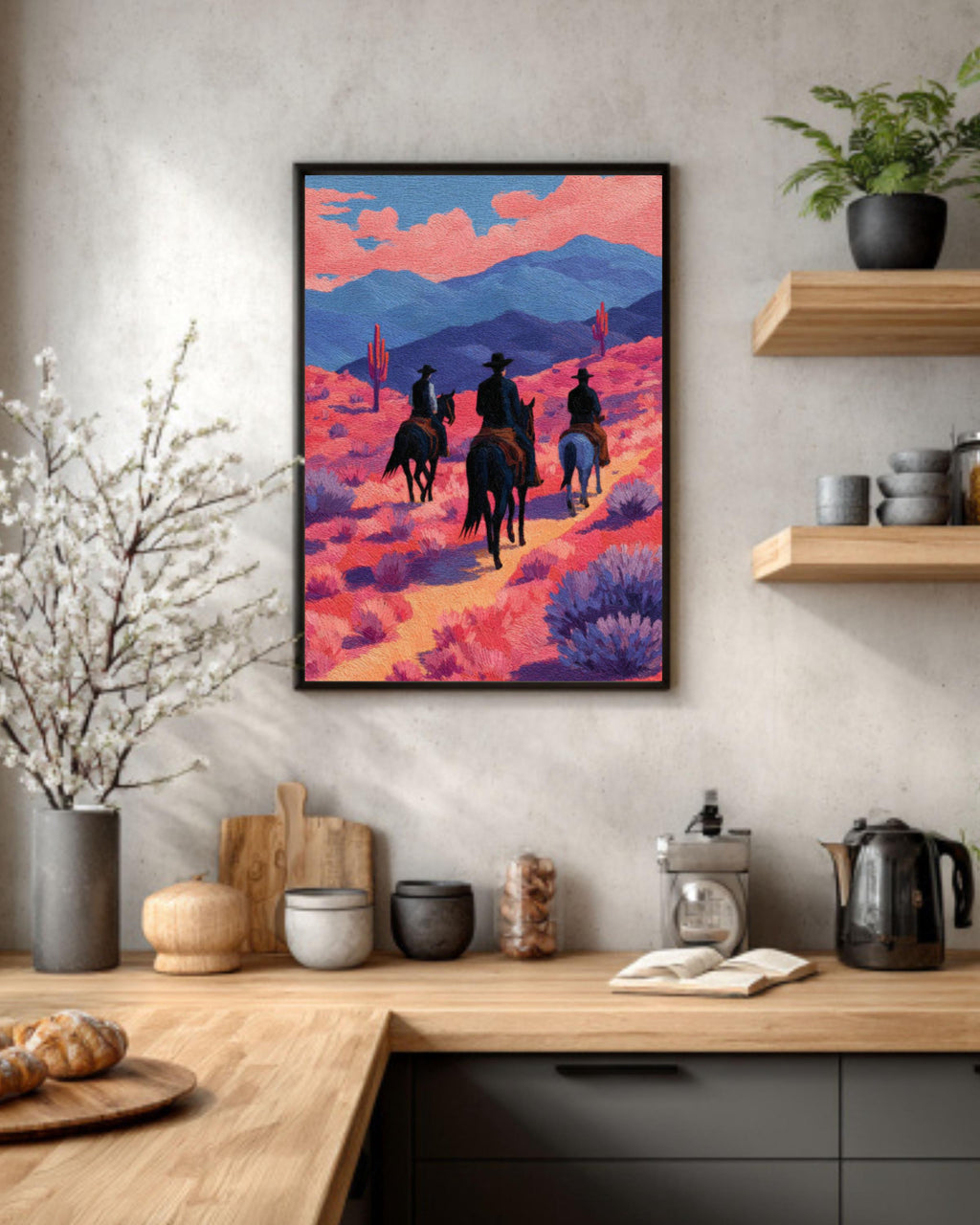 Cowboy Desert Canvas Print â€“ Black Horses, Pink Landscape, Modern Western Art Canvas Wall Art – Modern Decor Print