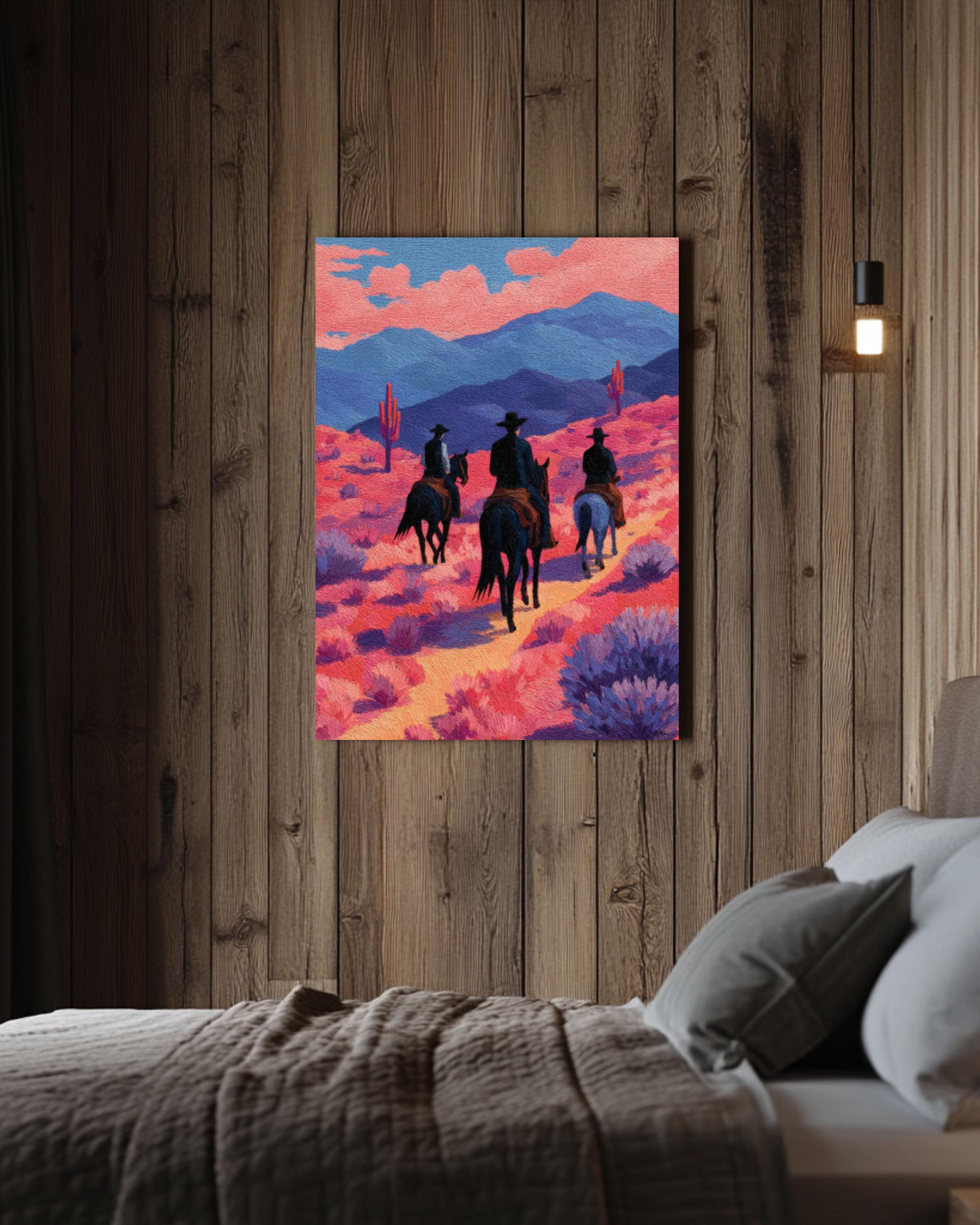 Cowboy Desert Canvas Print â€“ Black Horses, Pink Landscape, Modern Western Art Canvas Wall Art – Modern Decor Print