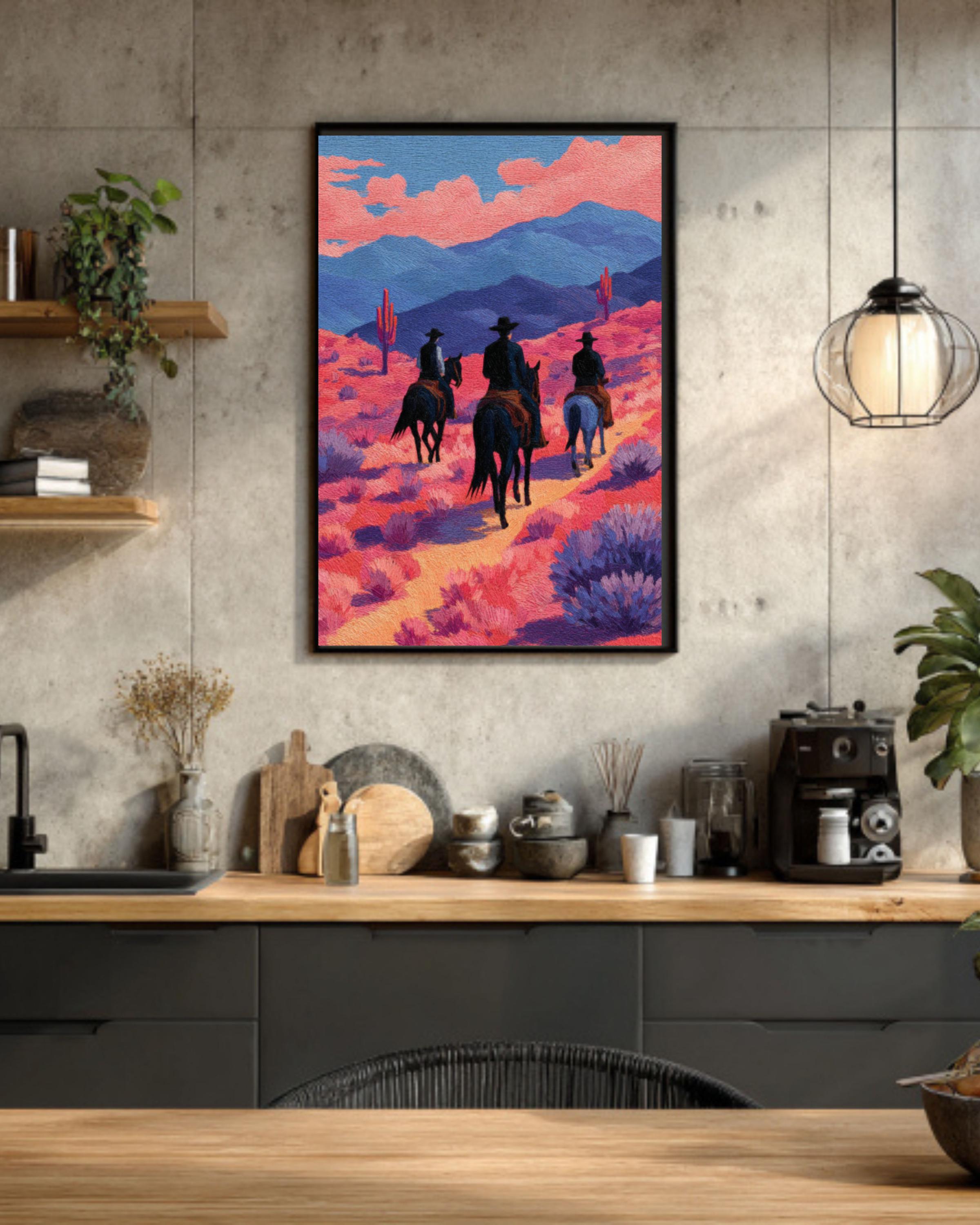 Cowboy Desert Canvas Print â€“ Black Horses, Pink Landscape, Modern Western Art Canvas Wall Art – Modern Decor Print