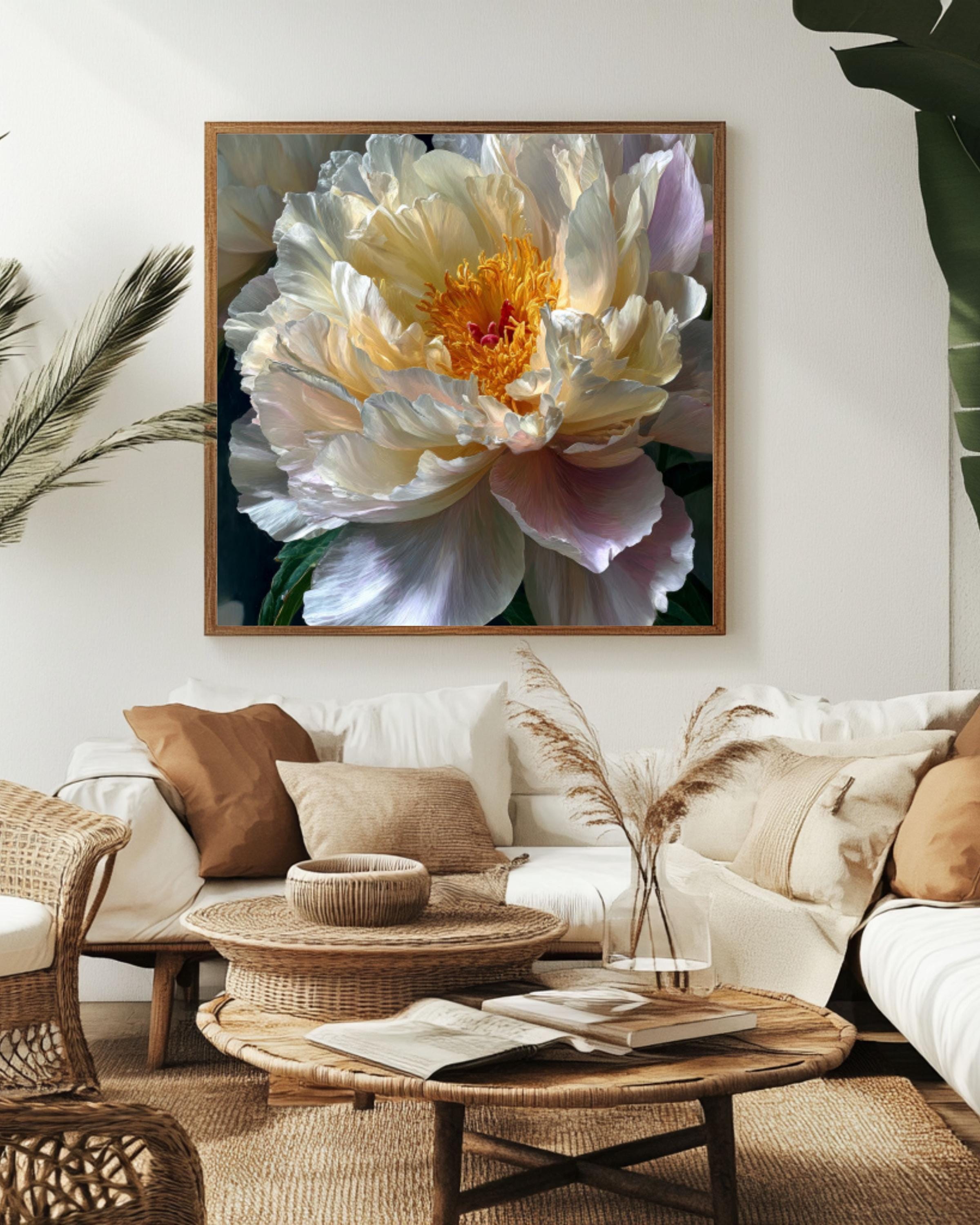 White Peony Floral Canvas Art – Botanical Oil Painting