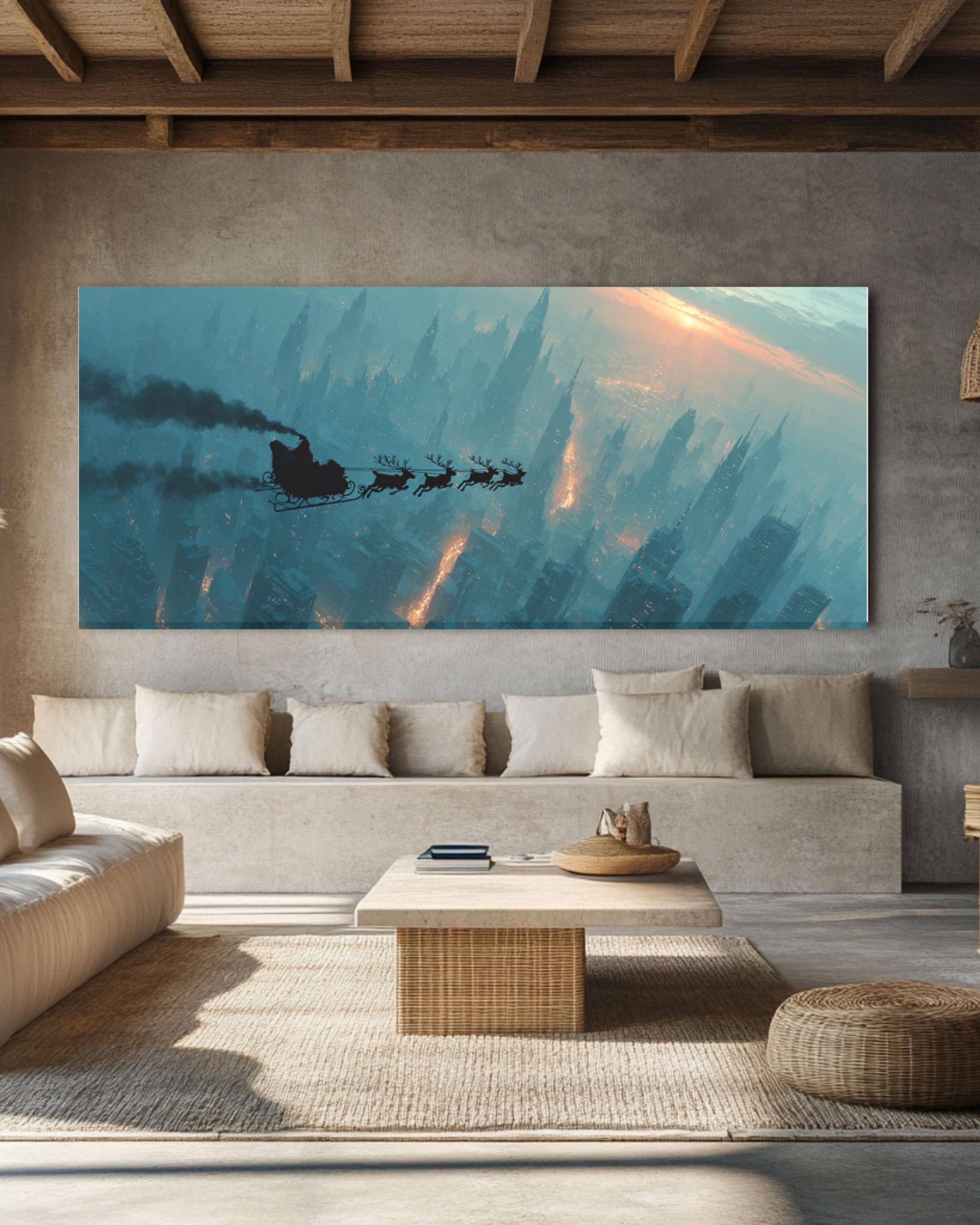 Santa Sleigh Over City Wall Art – Christmas Night Sky Canvas Print