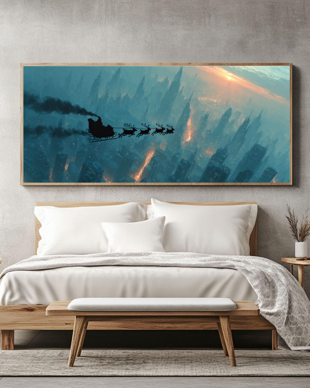 Santa Sleigh Over City Wall Art – Christmas Night Sky Canvas Print