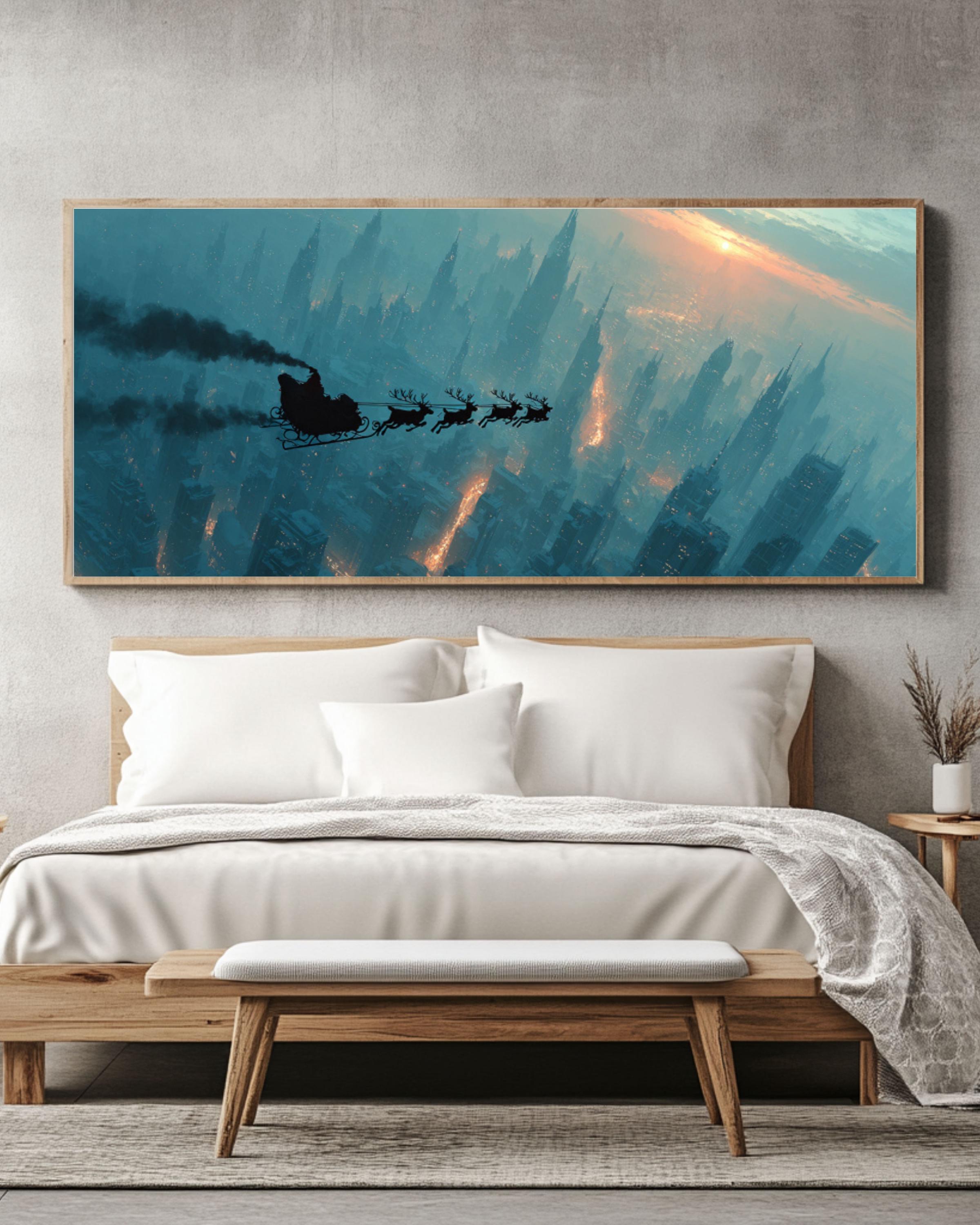 Santa Sleigh Over City Wall Art – Christmas Night Sky Canvas Print