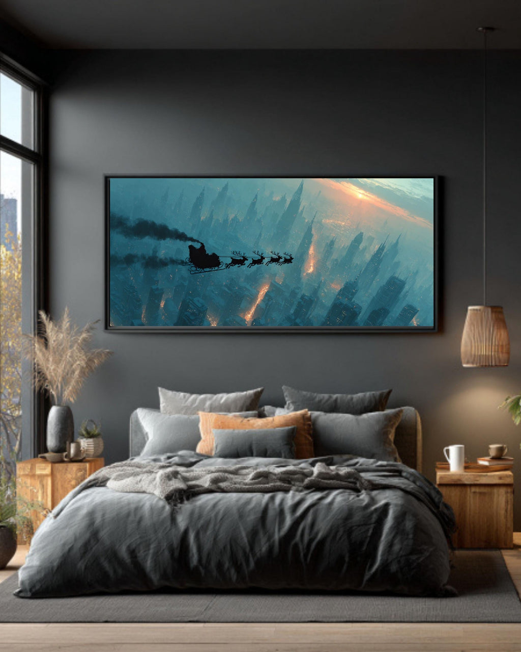 Santa Sleigh Over City Wall Art – Christmas Night Sky Canvas Print