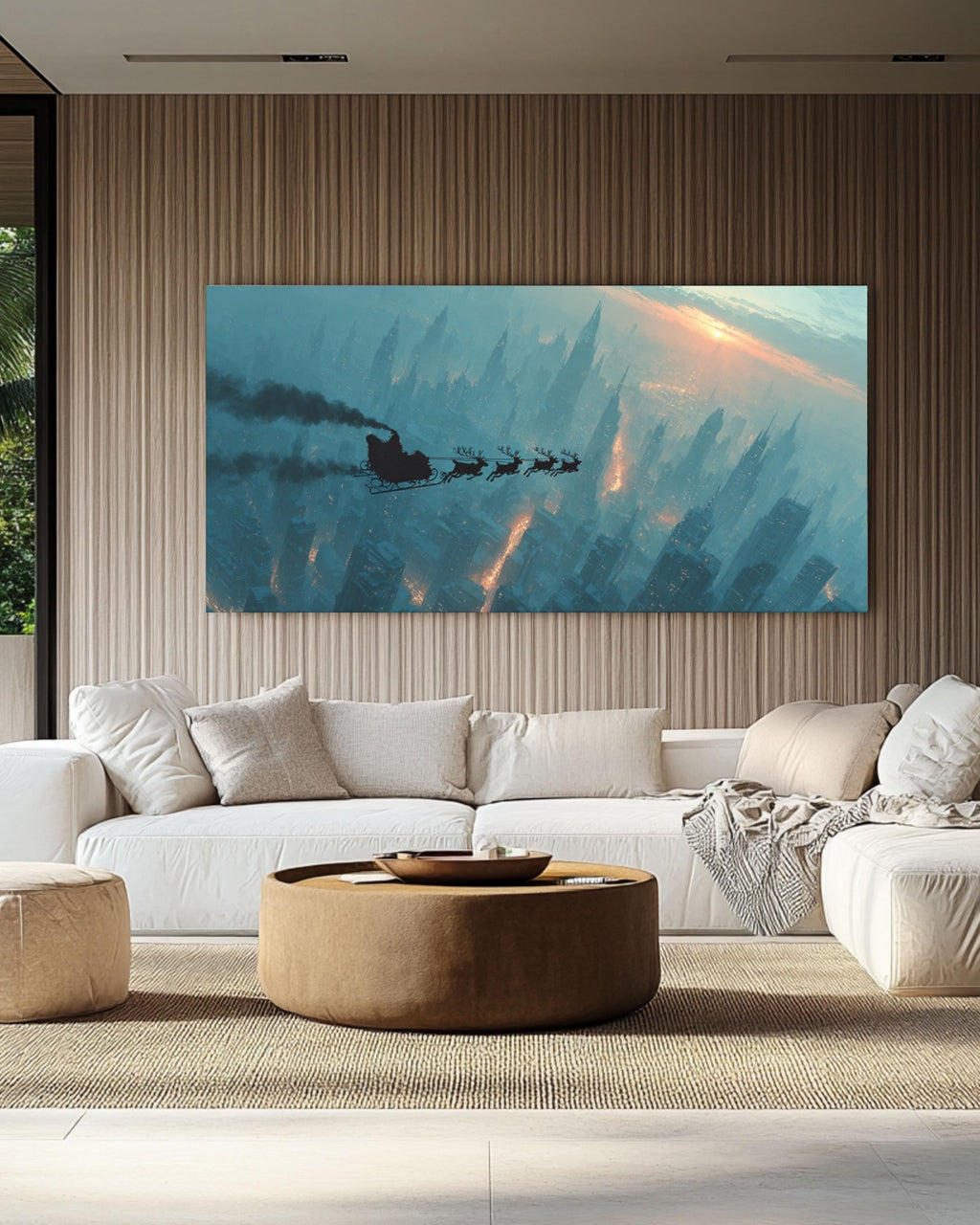 Santa Sleigh Over City Wall Art – Christmas Night Sky Canvas Print