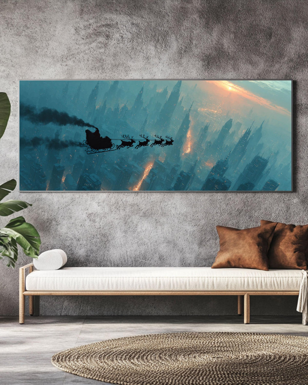 Santa Sleigh Over City Wall Art – Christmas Night Sky Canvas Print