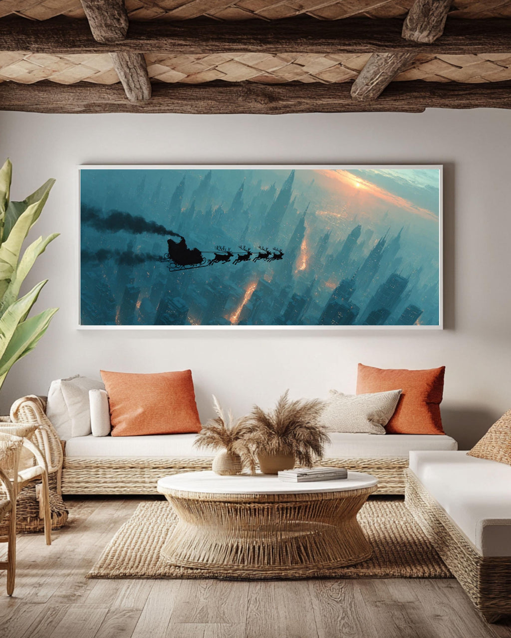 Santa Sleigh Over City Wall Art – Christmas Night Sky Canvas Print