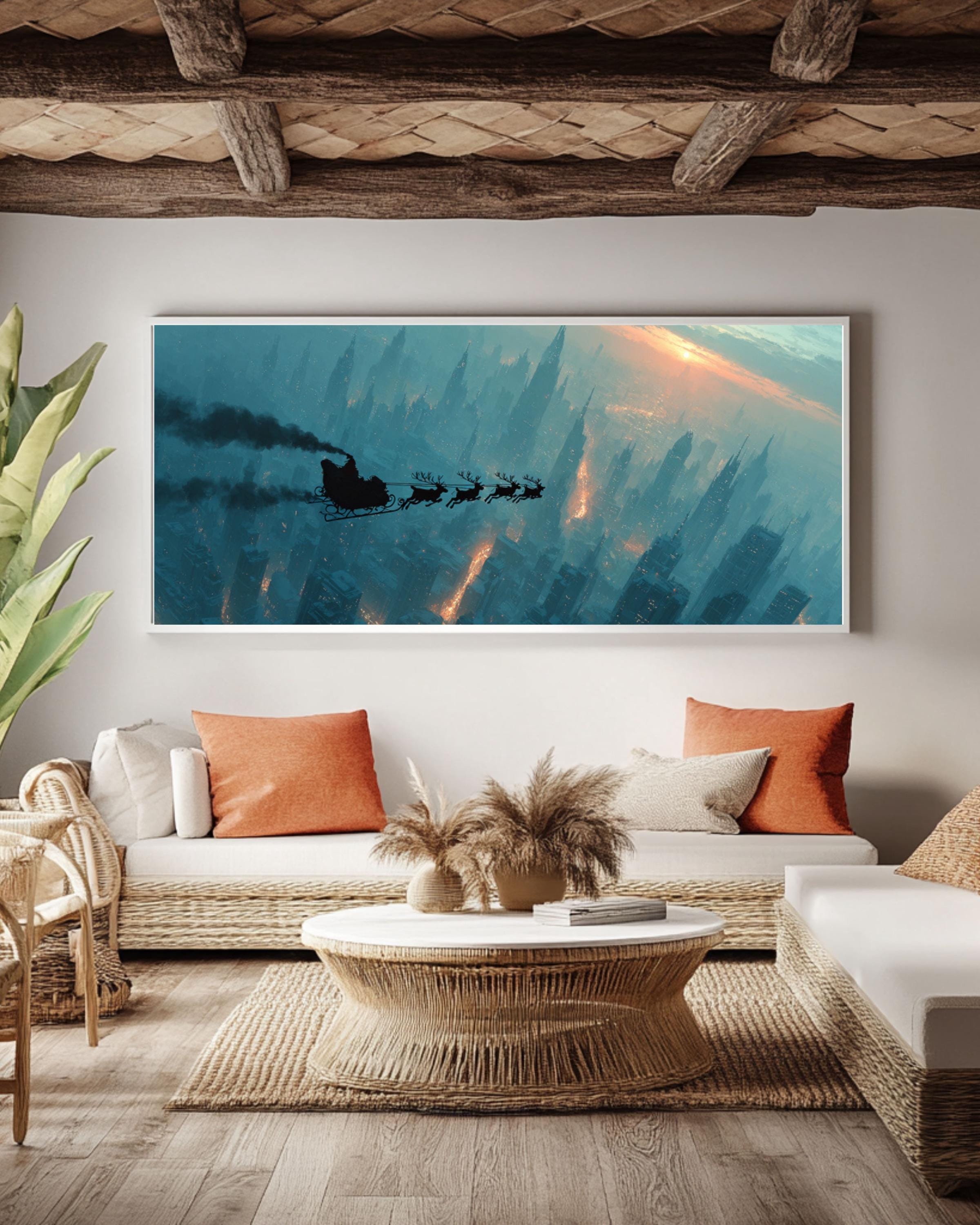 Santa Sleigh Over City Wall Art – Christmas Night Sky Canvas Print
