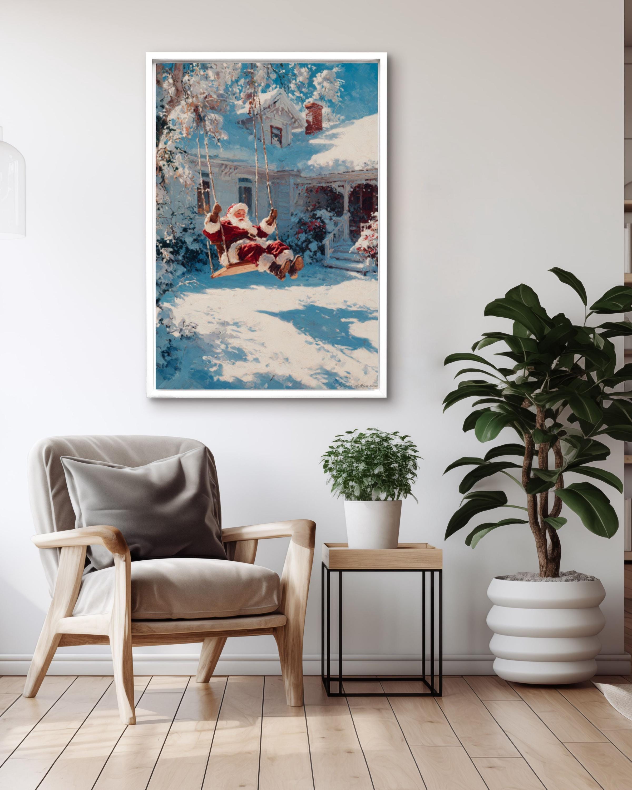 Santa on Swing Christmas Wall Art – Cozy Winter Cottage Canvas Print