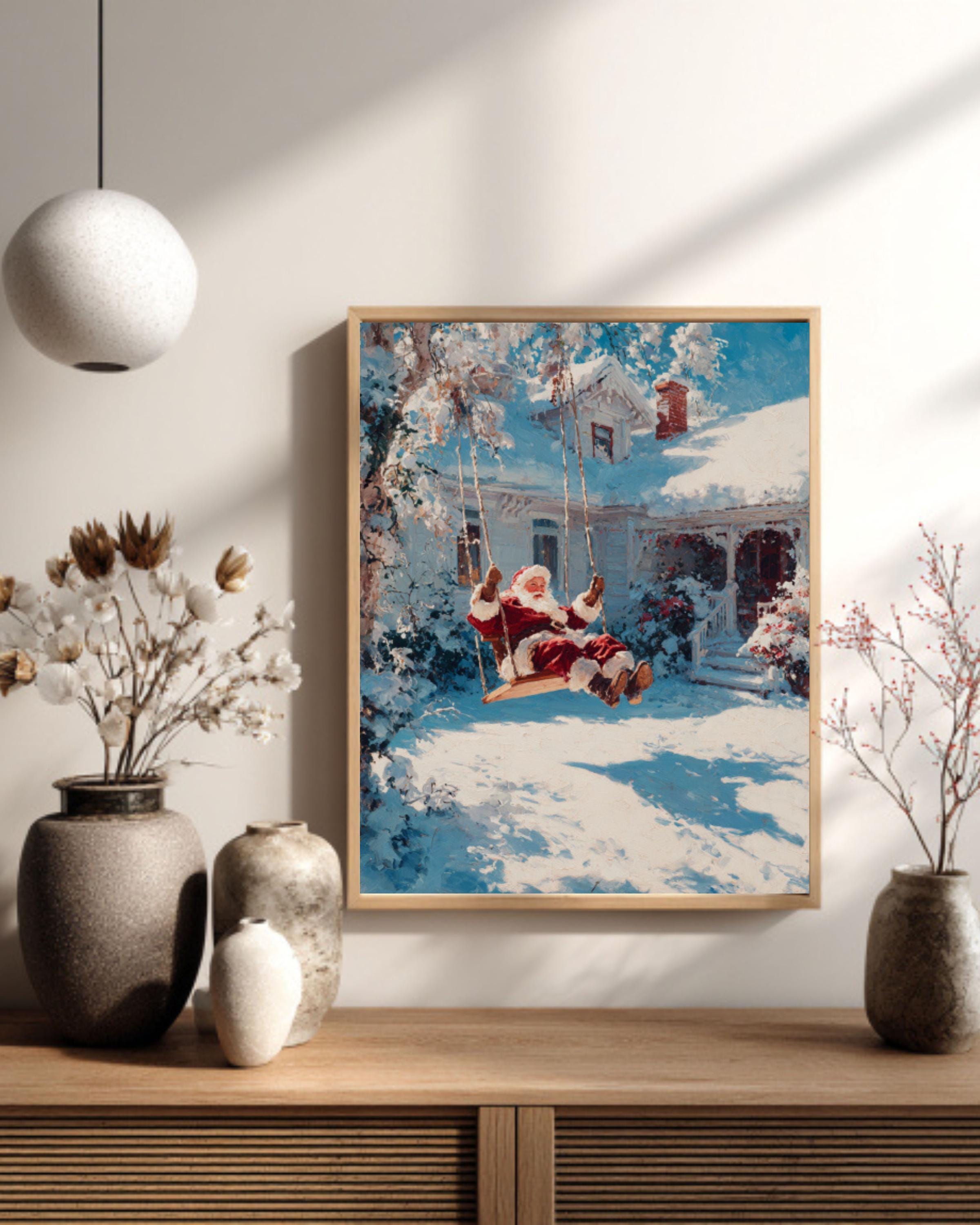 Santa on Swing Christmas Wall Art – Cozy Winter Cottage Canvas Print