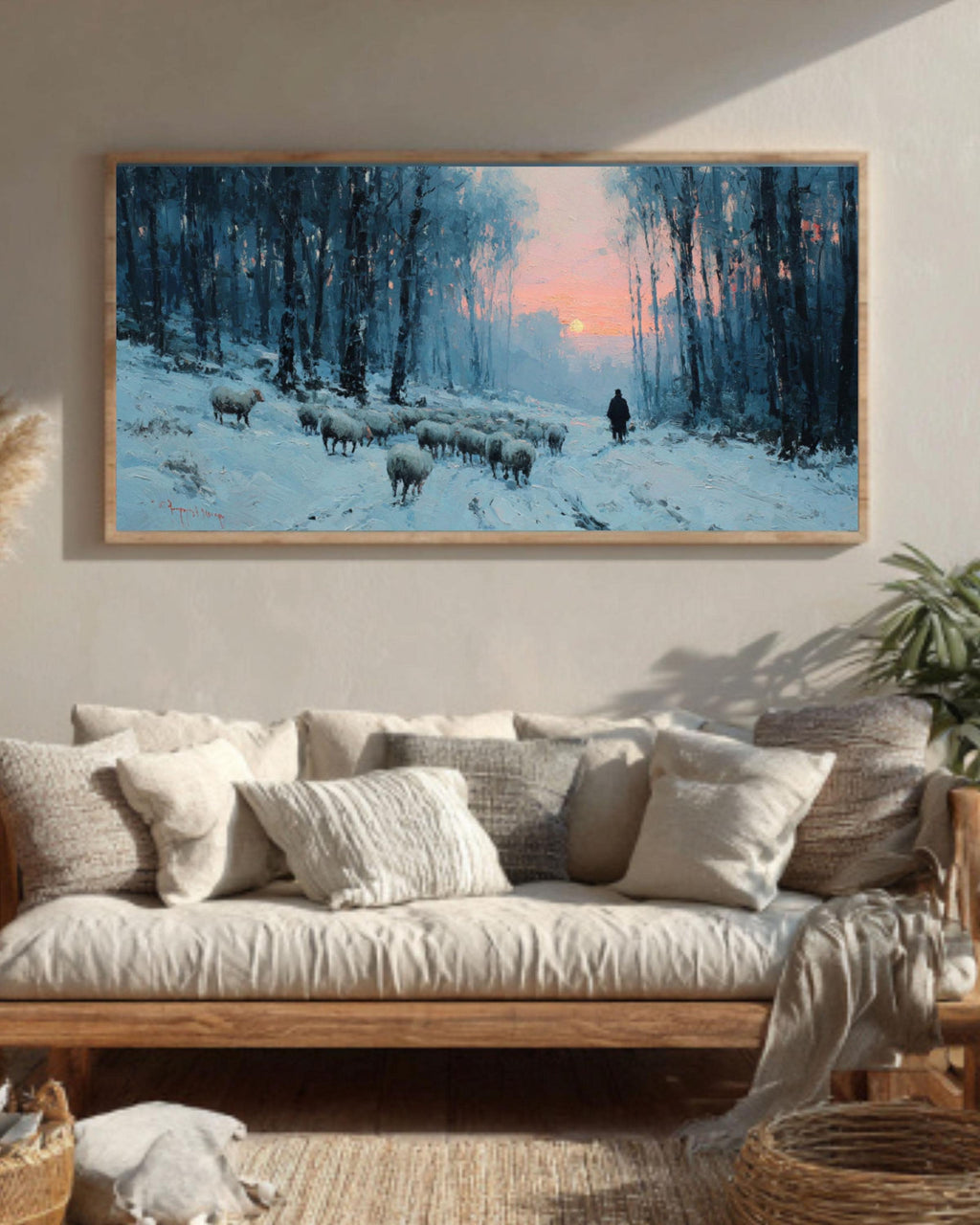 Winter Sheep Snowy Forest Sunset Canvas Wall Art – Rustic Farmhouse Décor