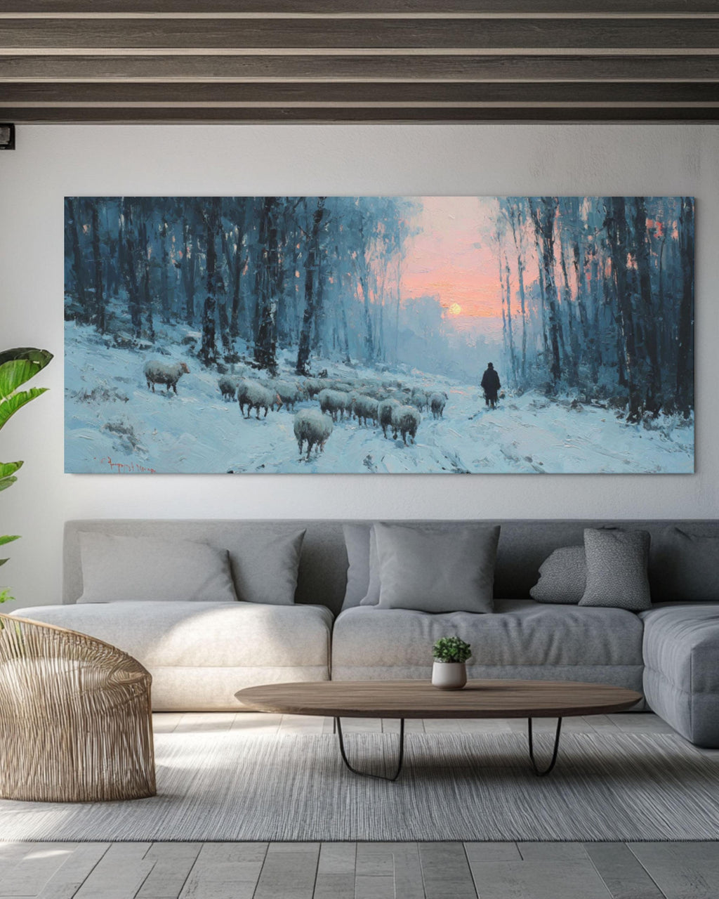 Winter Sheep Snowy Forest Sunset Canvas Wall Art – Rustic Farmhouse Décor