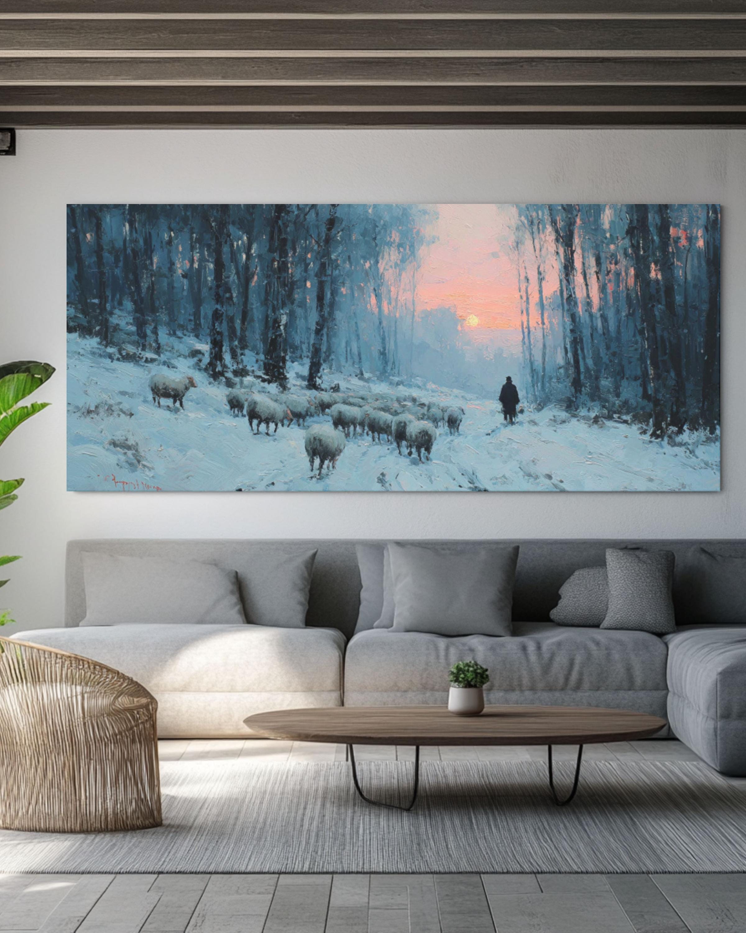 Winter Sheep Snowy Forest Sunset Canvas Wall Art – Rustic Farmhouse Décor