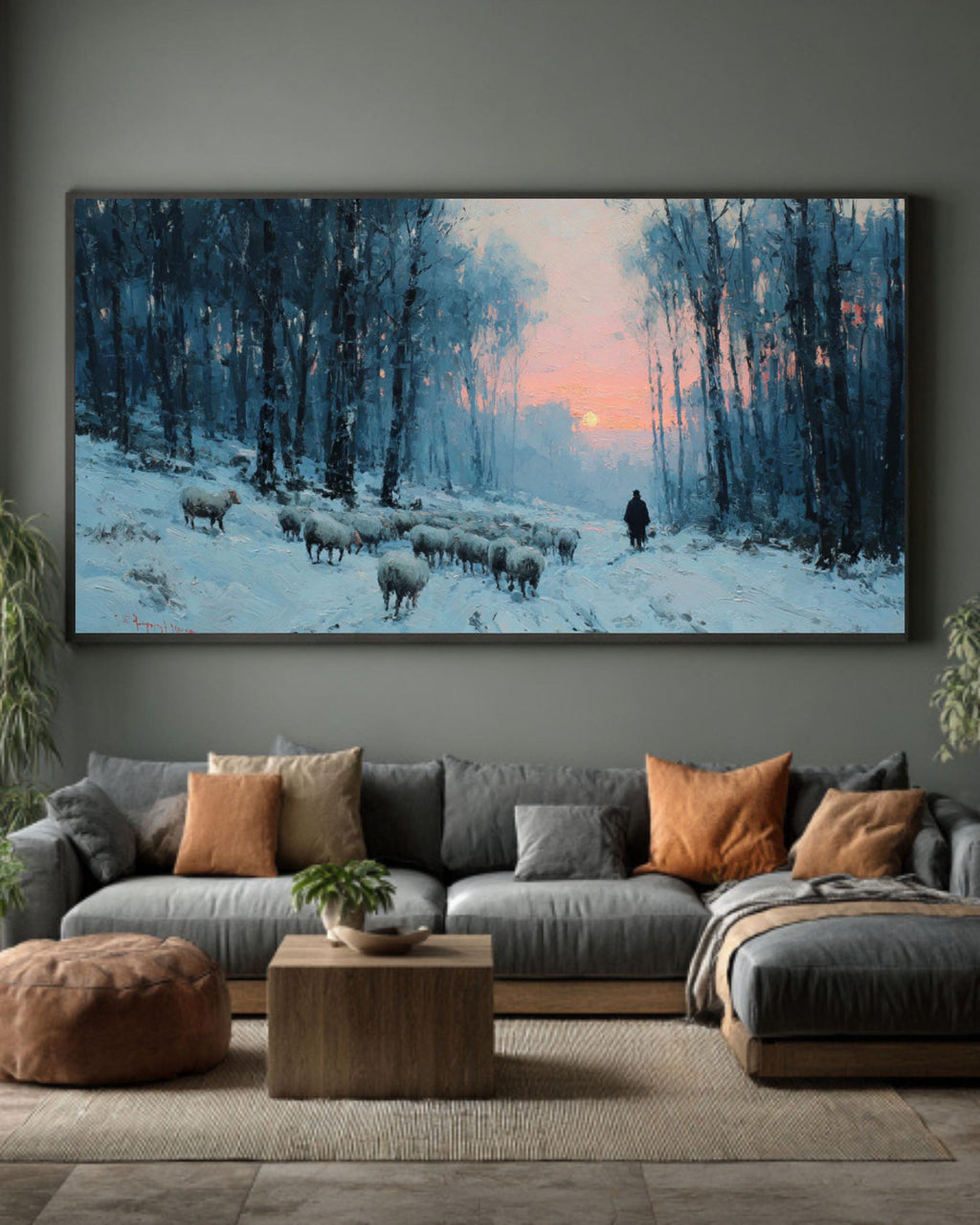 Winter Sheep Snowy Forest Sunset Canvas Wall Art – Rustic Farmhouse Décor