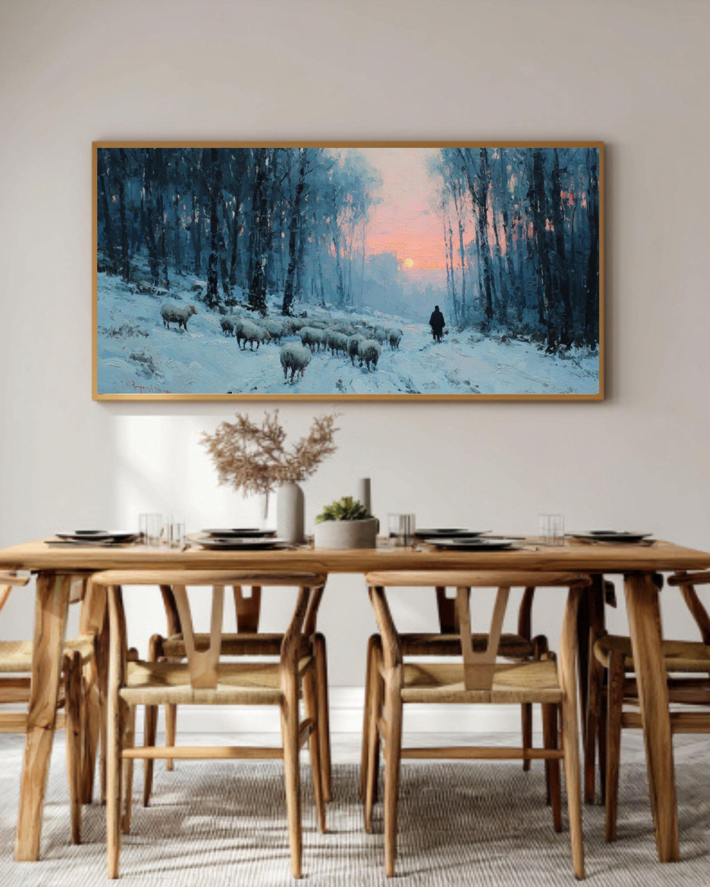 Winter Sheep Snowy Forest Sunset Canvas Wall Art – Rustic Farmhouse Décor