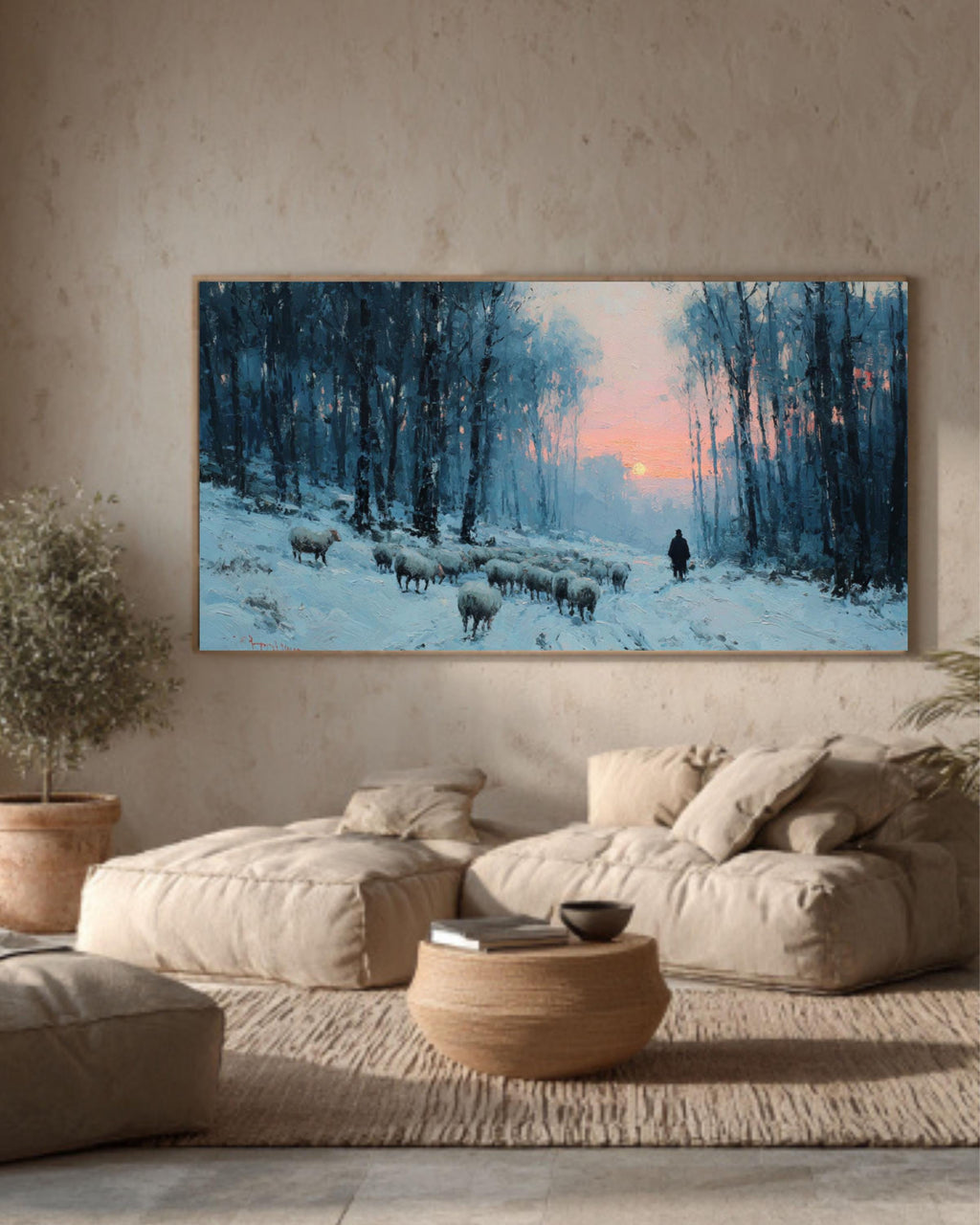 Winter Sheep Snowy Forest Sunset Canvas Wall Art – Rustic Farmhouse Décor