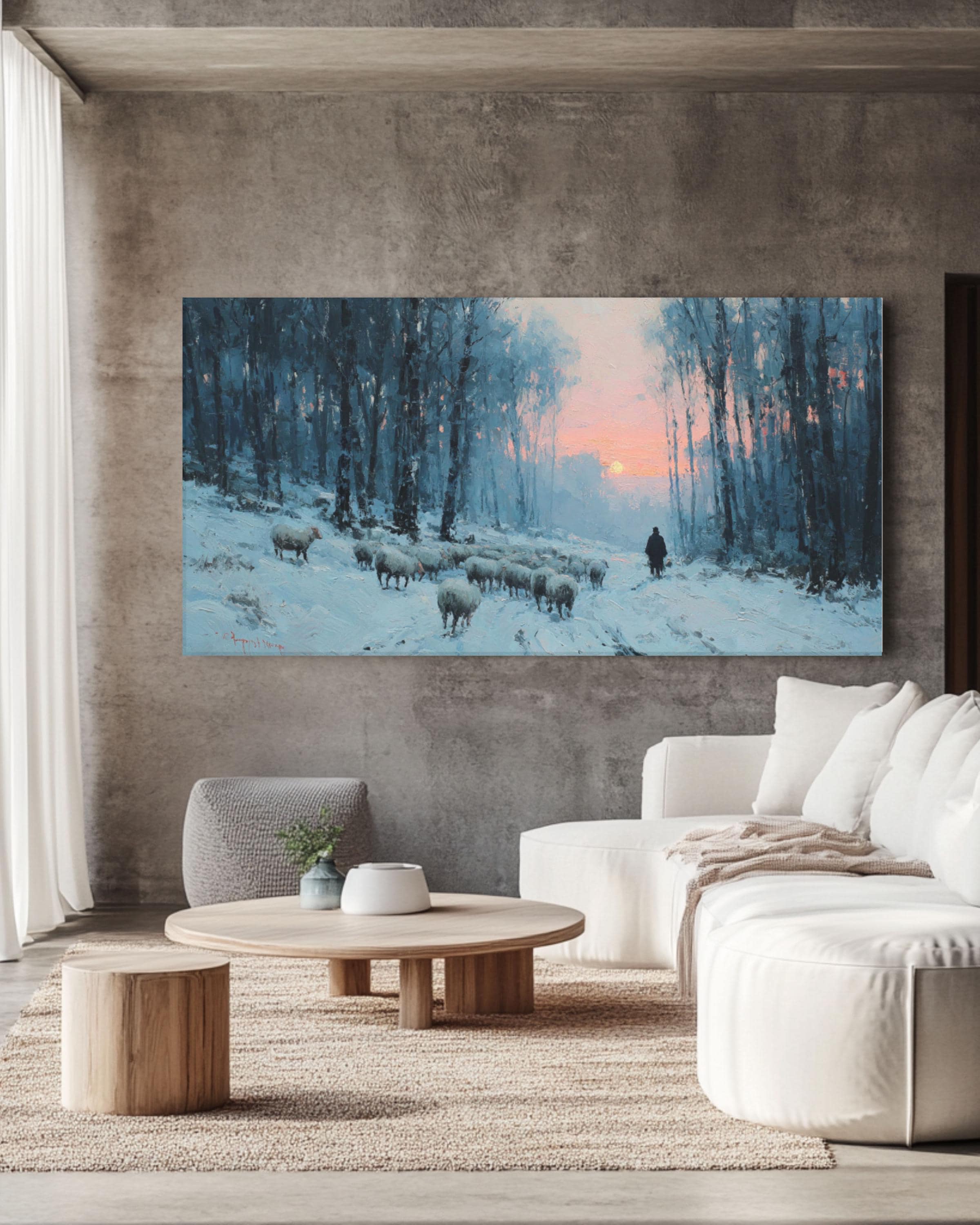 Winter Sheep Snowy Forest Sunset Canvas Wall Art – Rustic Farmhouse Décor