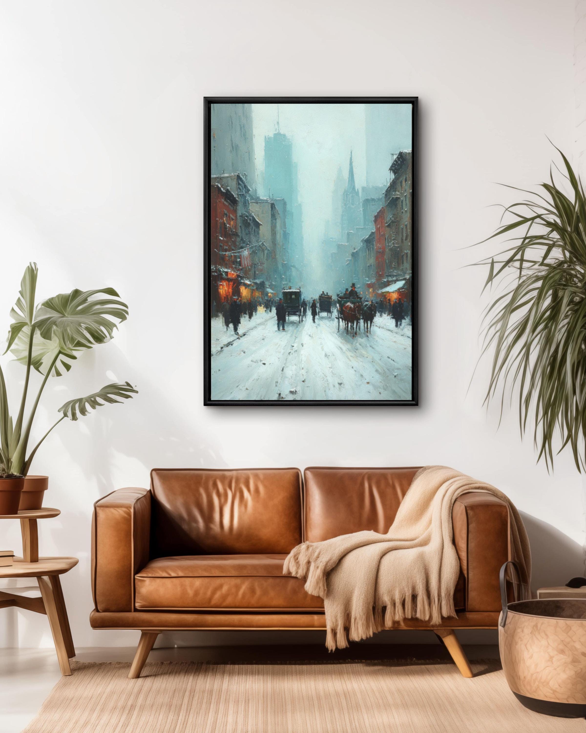Vintage New York Winter Street Canvas Art – Horse Carriage City Scene