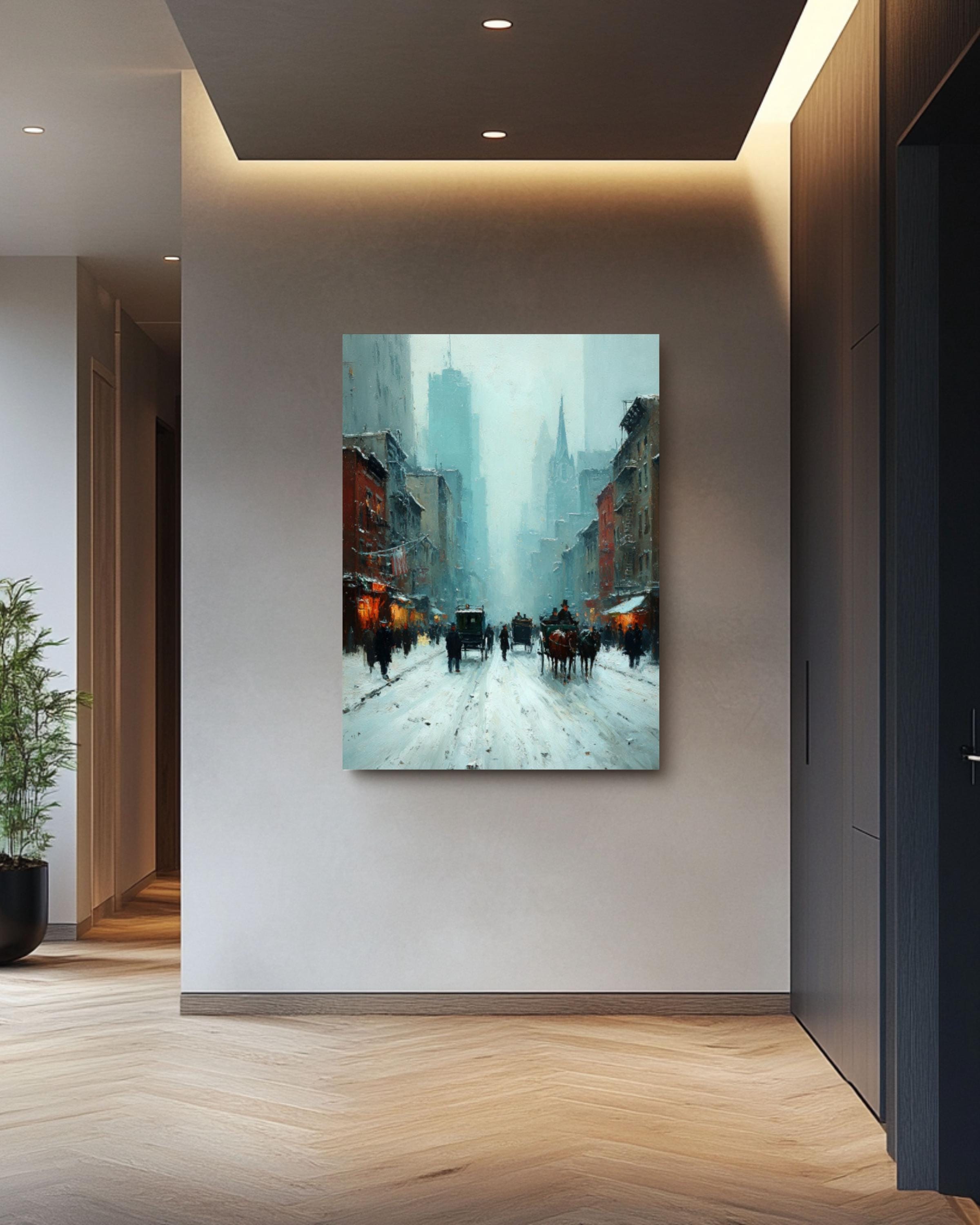 Vintage New York Winter Street Canvas Art – Horse Carriage City Scene