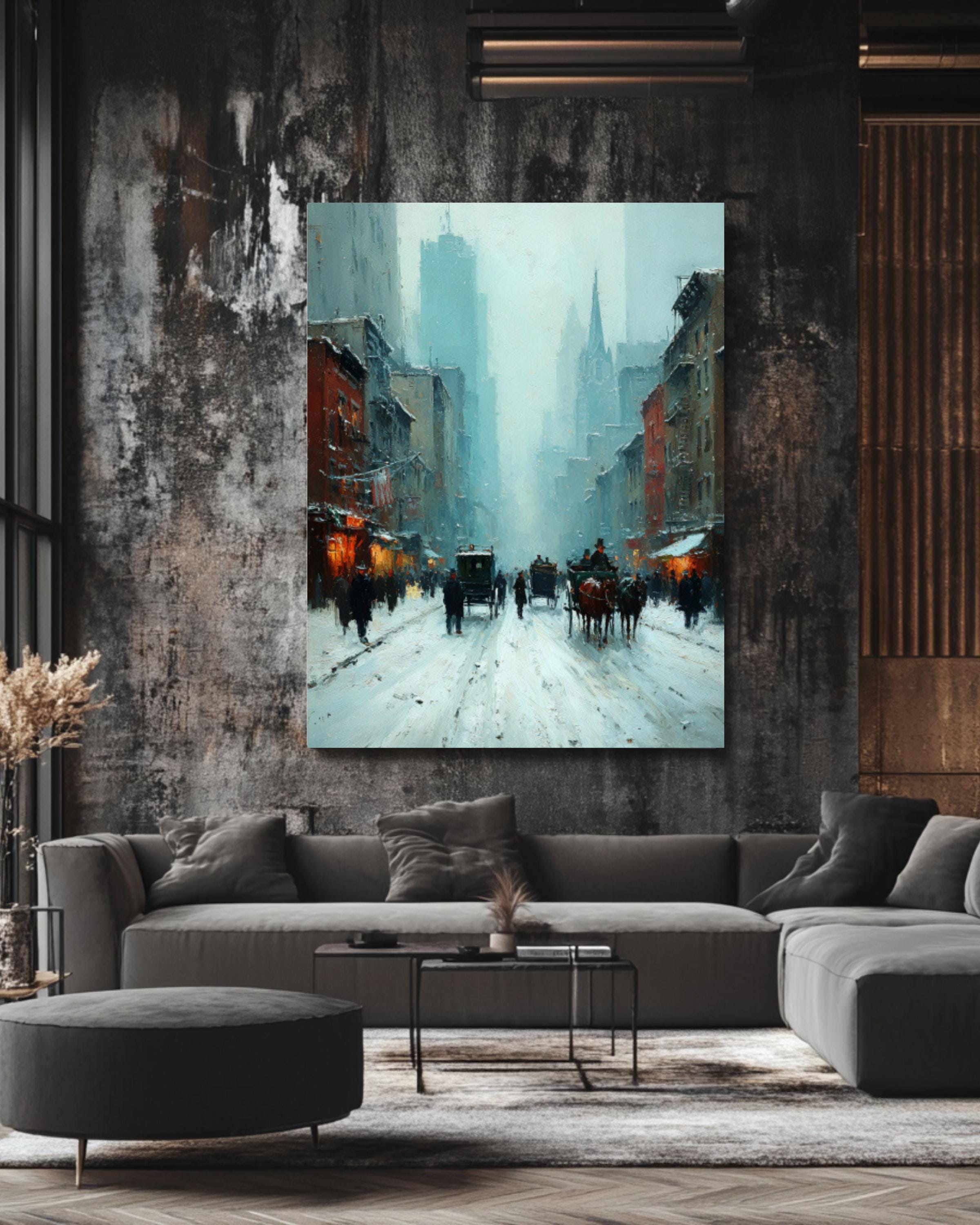 Vintage New York Winter Street Canvas Art – Horse Carriage City Scene