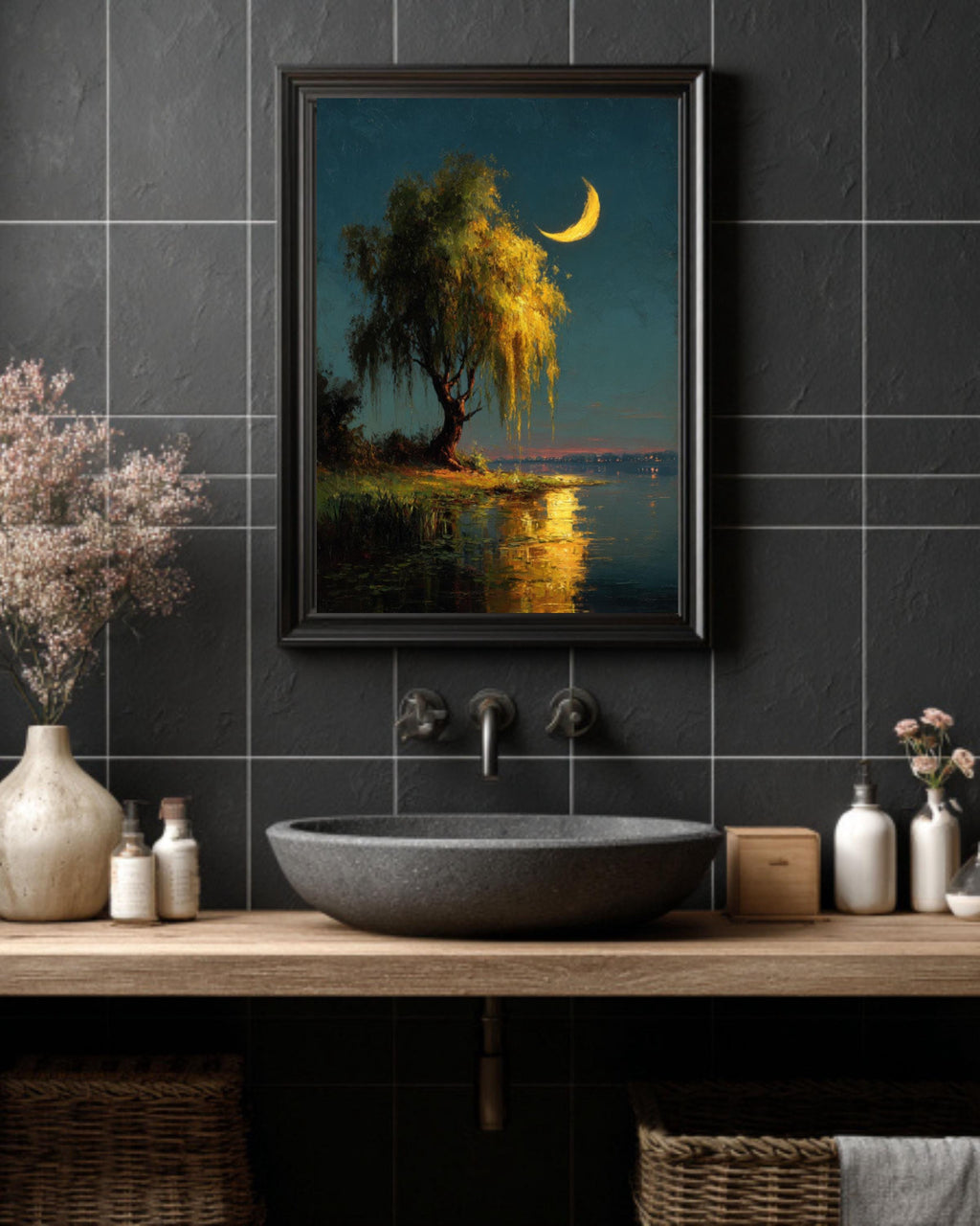 Moonlit Willow Tree Canvas Print – Classic European-Inspired Nature Art