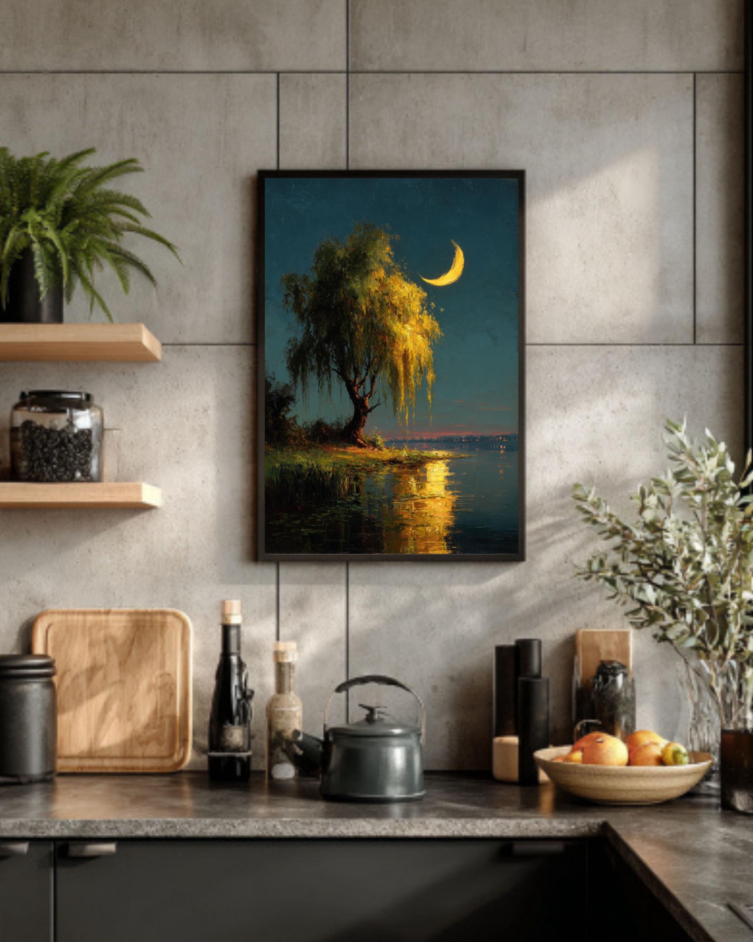 Moonlit Willow Tree Canvas Print – Classic European-Inspired Nature Art