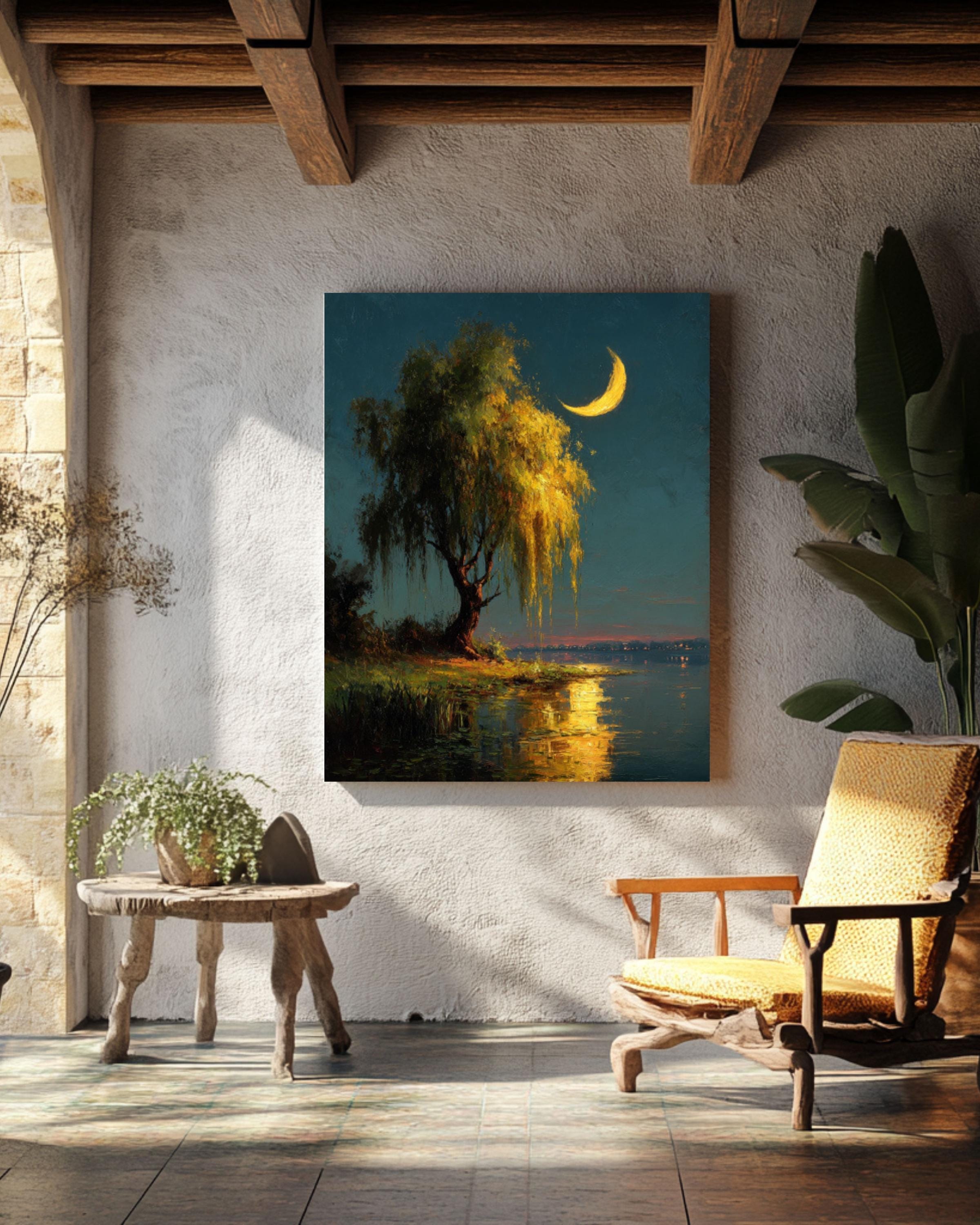 moonlit willow tree canvas print classic european-Inspired nature art