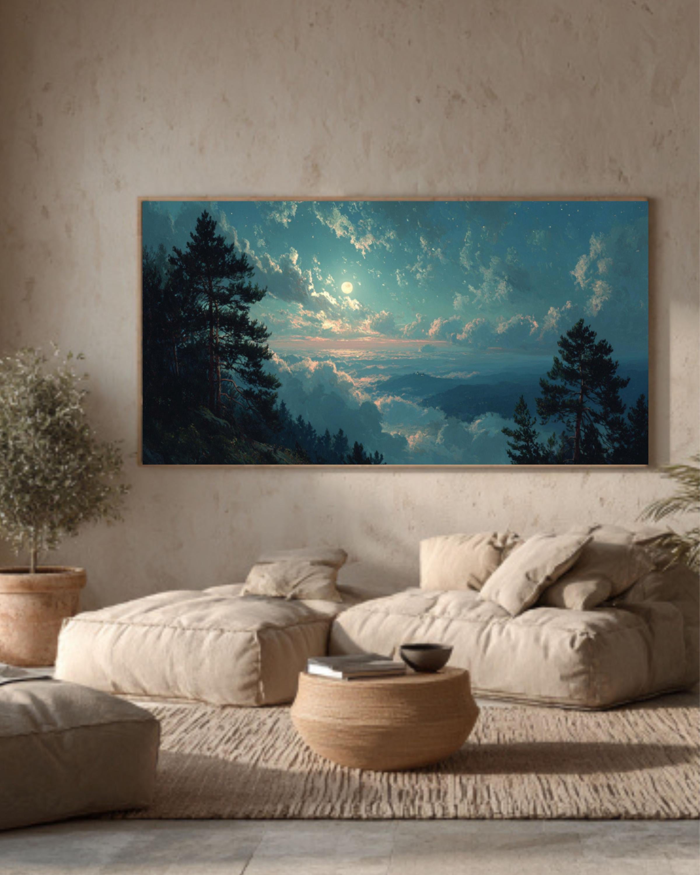 Moonlit Forest Landscape Wall Art – Moody Night Woodland Canvas Print