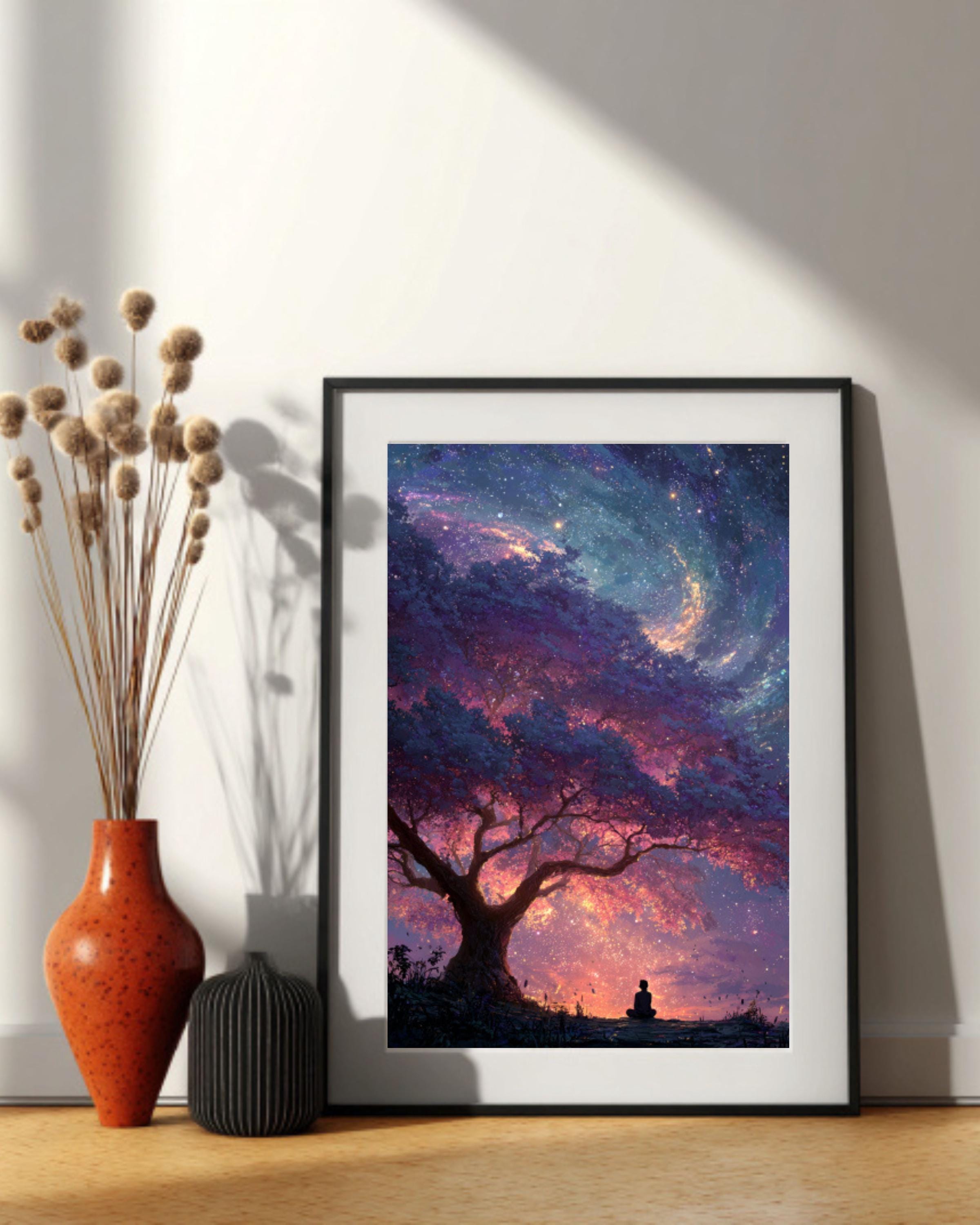 Cosmic Tree Galaxy Wall Art – Surreal Meditation Canvas Print, Framed or Unframed