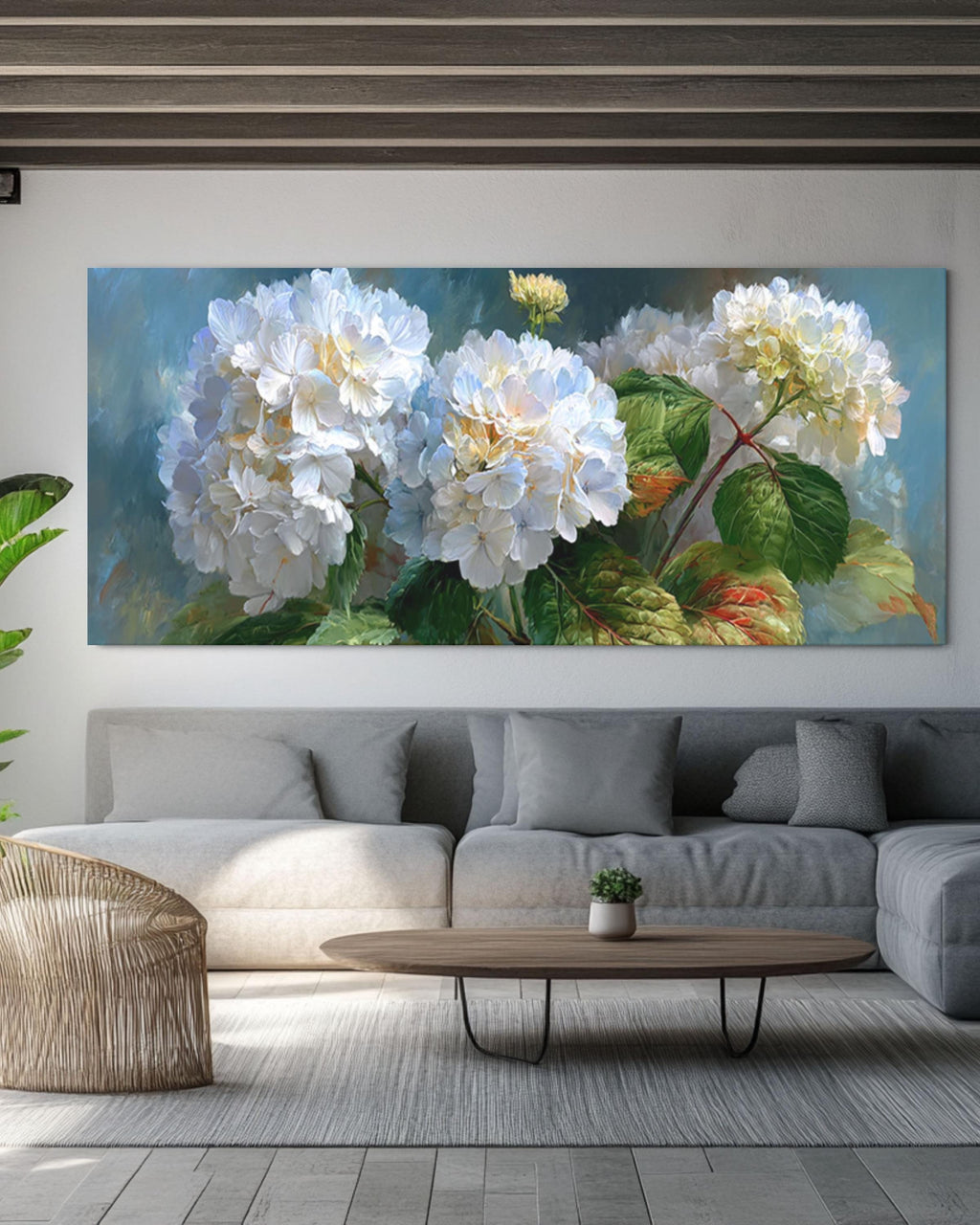 White Hydrangea Floral Wall Art – Vintage Botanical Oil Painting Canvas Print