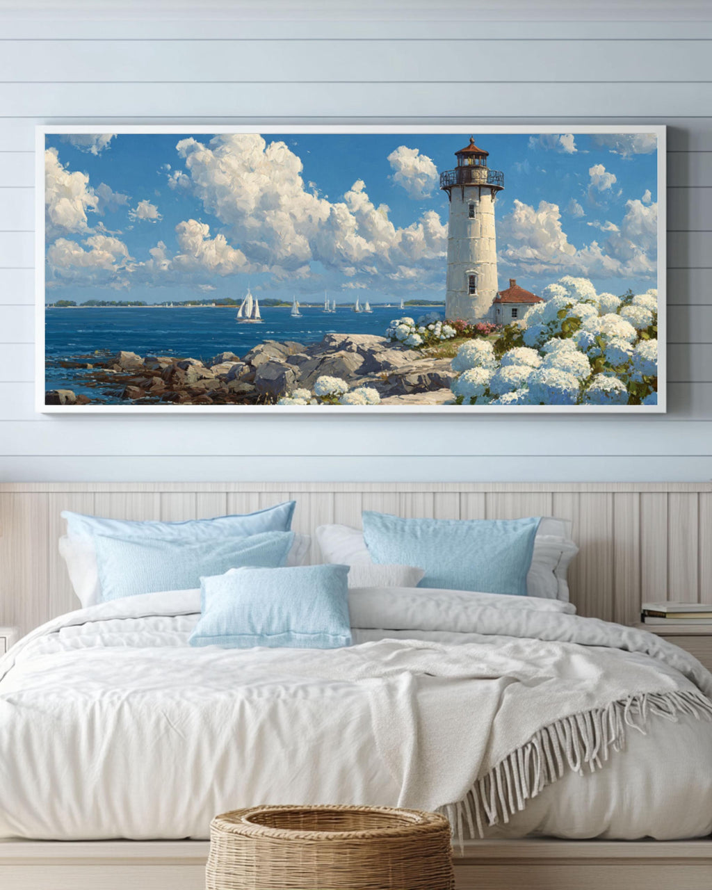 Coastal Lighthouse & Hydrangeas Wall Art – Cottage Style Ocean Canvas Print